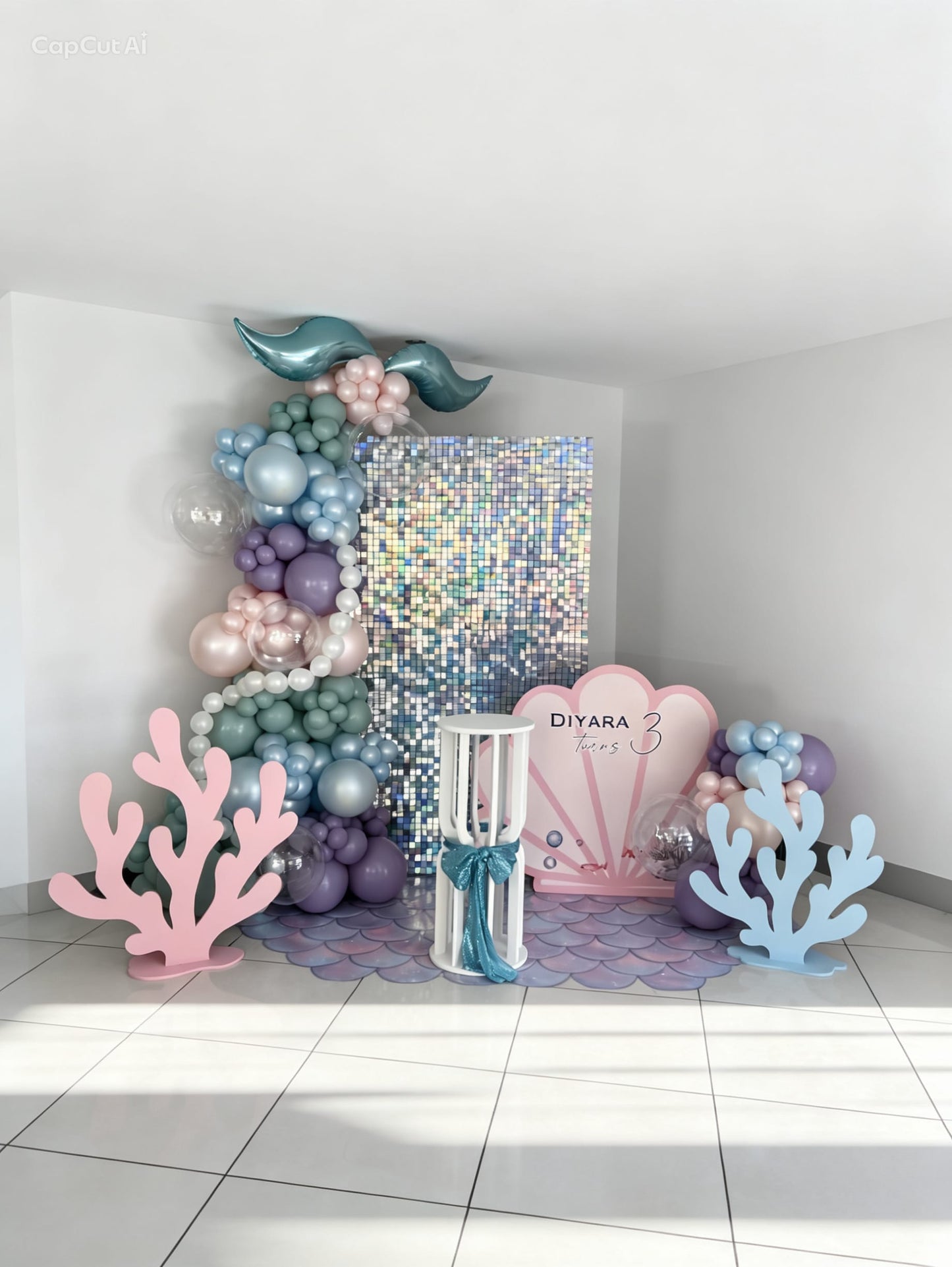 mermaid 3rd birthday balloon backdrop with shimmer wall and tail garland