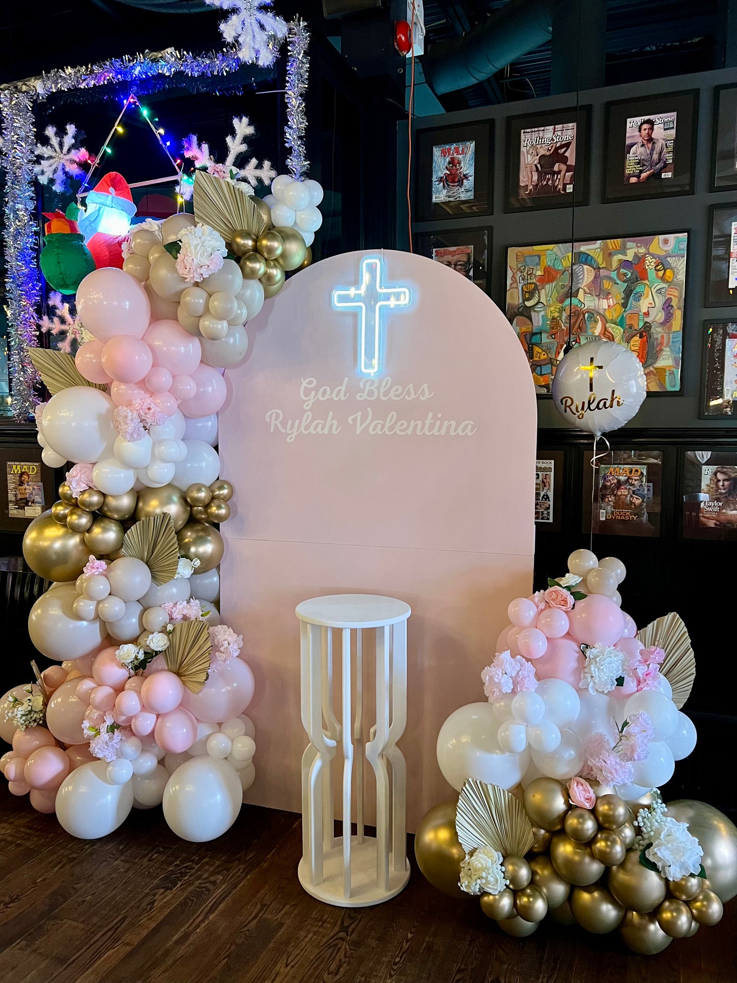 Elegant Balloon Backdrop Setup with Cross