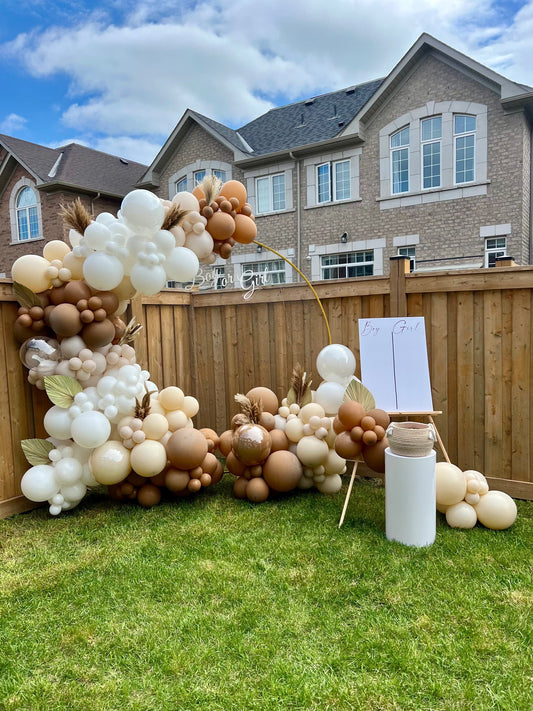 7.5 ft round gender reveal backdrop with “Boy or Girl” sign, balloon garland, dried florals, mesh detail, and interactive voting board with easel.