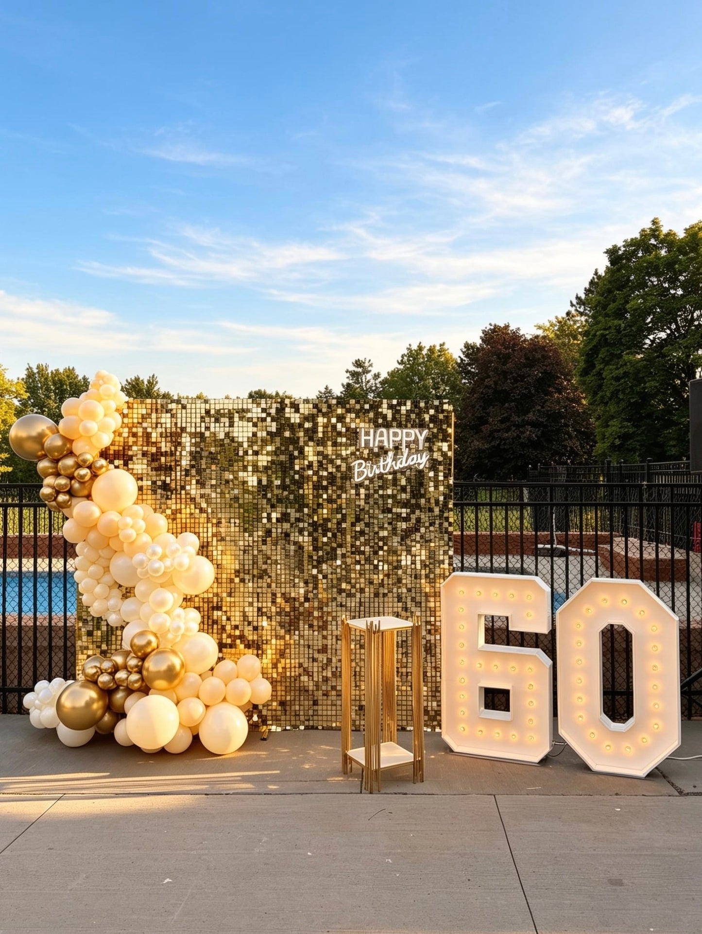 Elegant 60th birthday shimmer wall with a gold sequin backdrop, white and metallic gold balloon garland, LED neon sign, illuminated marquee numbers and gold cake pedestal.