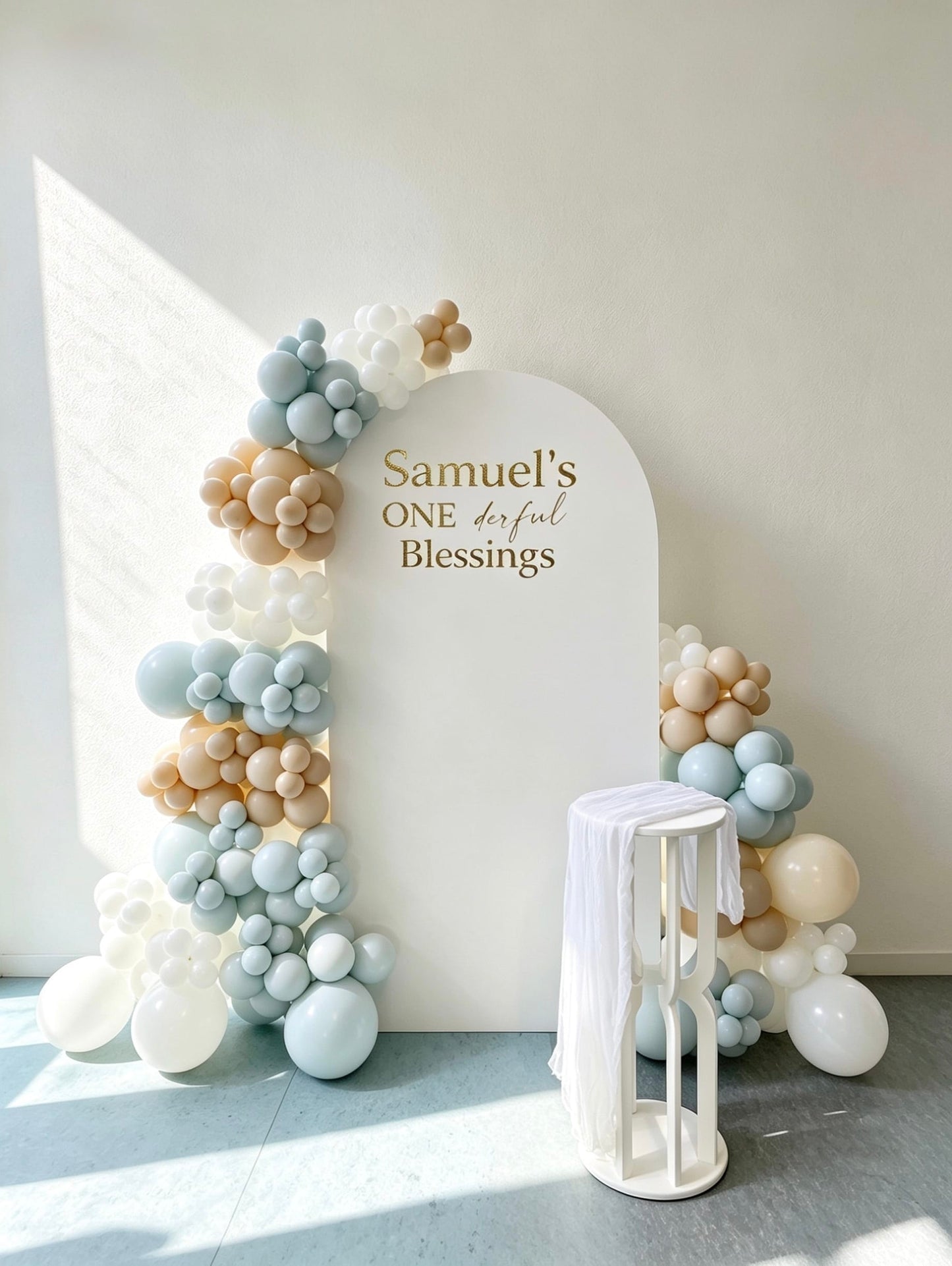 First birthday balloon backdrop with sage, beige and white balloon garlands