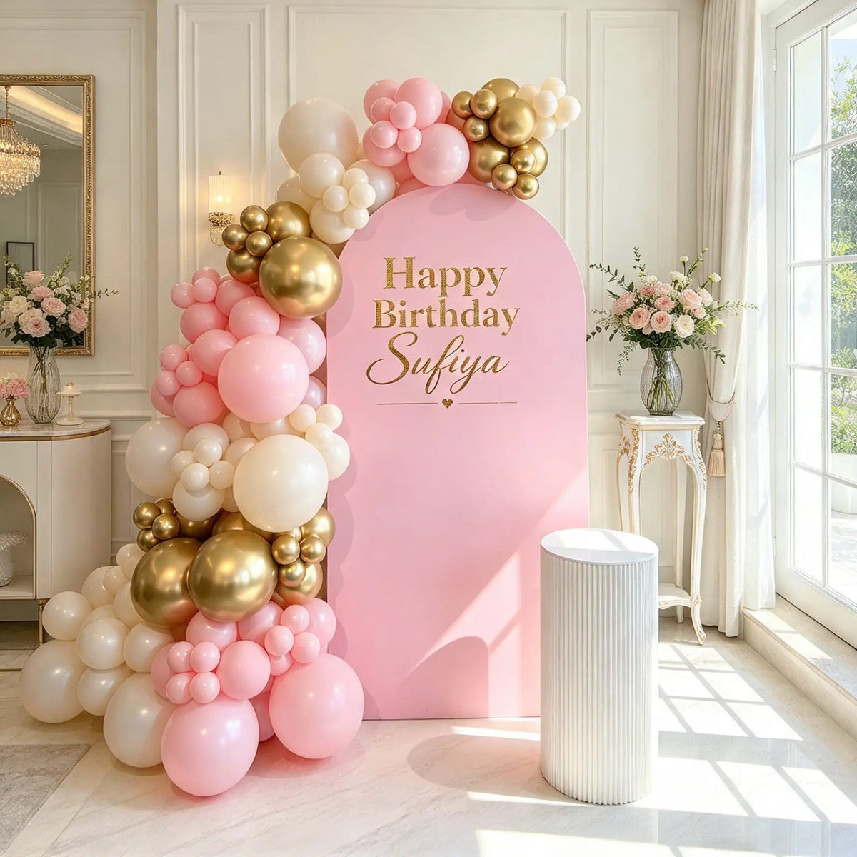 Blush pink birthday arch with personalized gold lettering, pink, cream, and metallic gold balloons, and a white fluted cake pedestal.