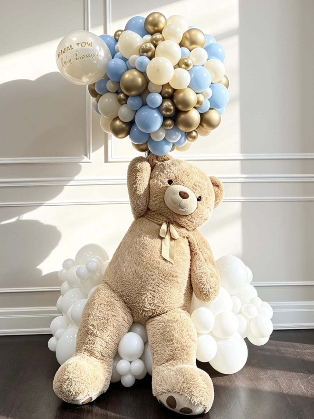 Giant teddy bear baby shower balloon arrangement with jumbo personalised balloon and balloon cloud base
