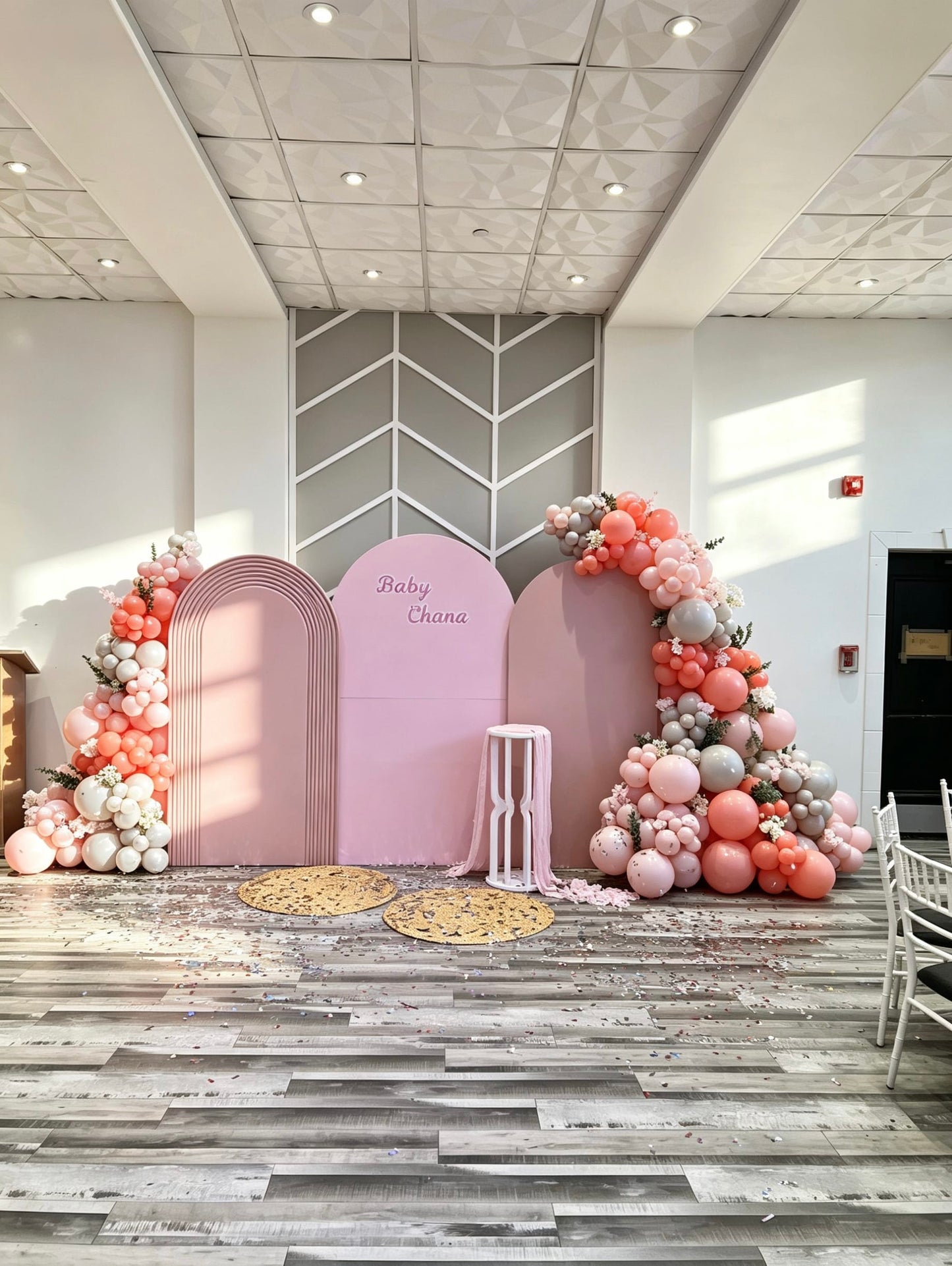 dreamy rose baby shower balloon backdrop with floral garlands