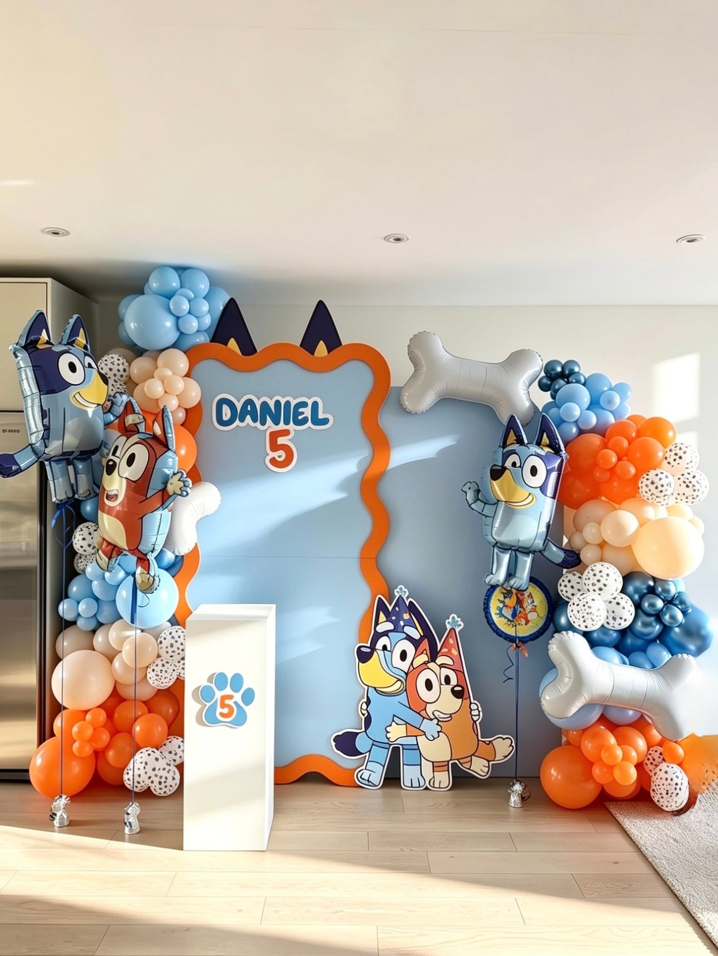 Bluey birthday backdrop with custom name sign, Bluey character cutouts, themed balloons and foil balloon accents