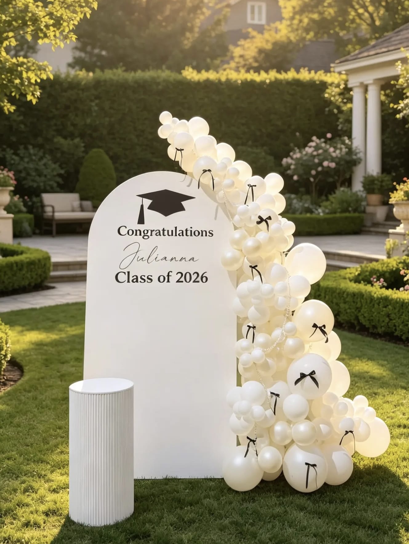 White Class of 2026 graduation backdrop with an all-white organic balloon garland, black bow accents, pearl details and a personalized graduate name.