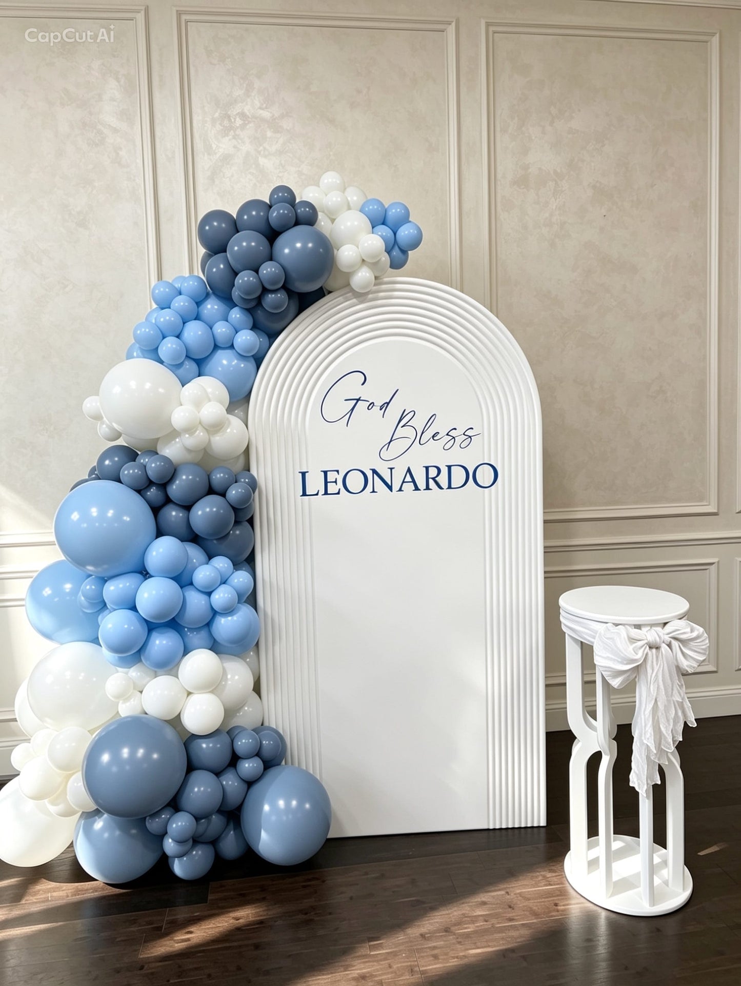 White ripple arch communion backdrop with blue and white balloon garland