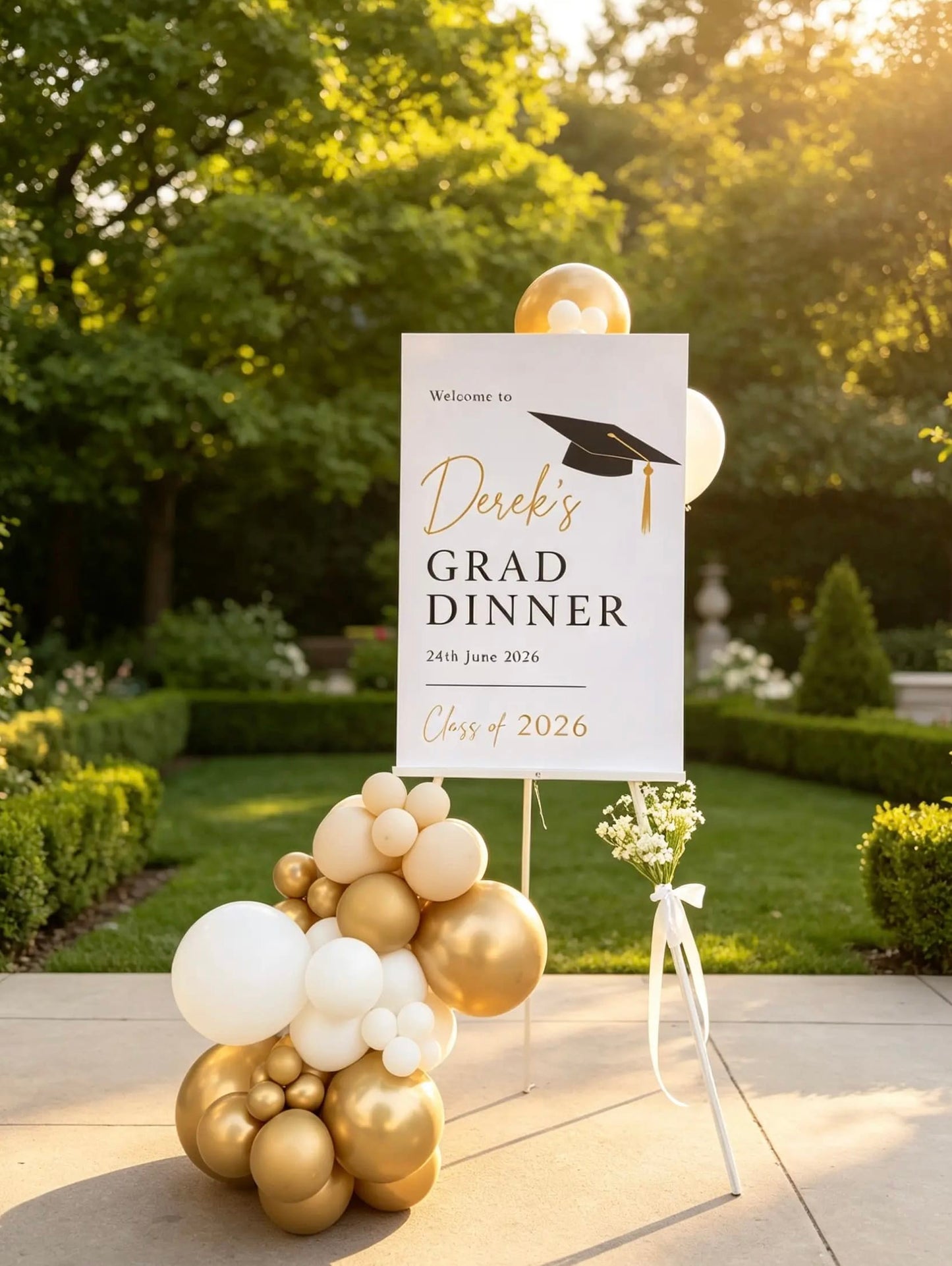 Graduation welcome sign with custom design on an easel and an organic white and gold balloon garland.