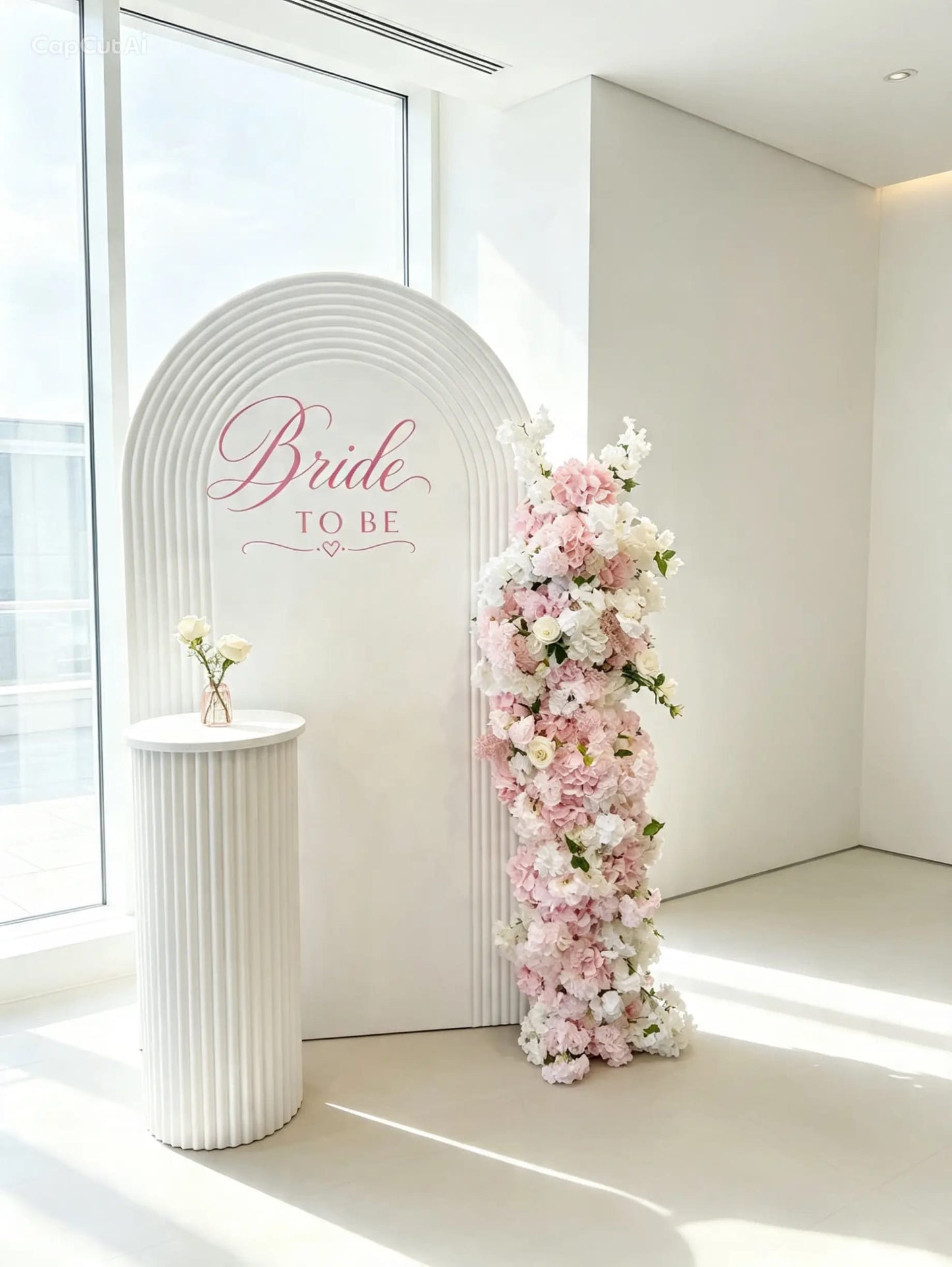 White ripple arch bridal shower backdrop with Bride to Be sign, pink and white floral arrangement and white ribbed pedestal