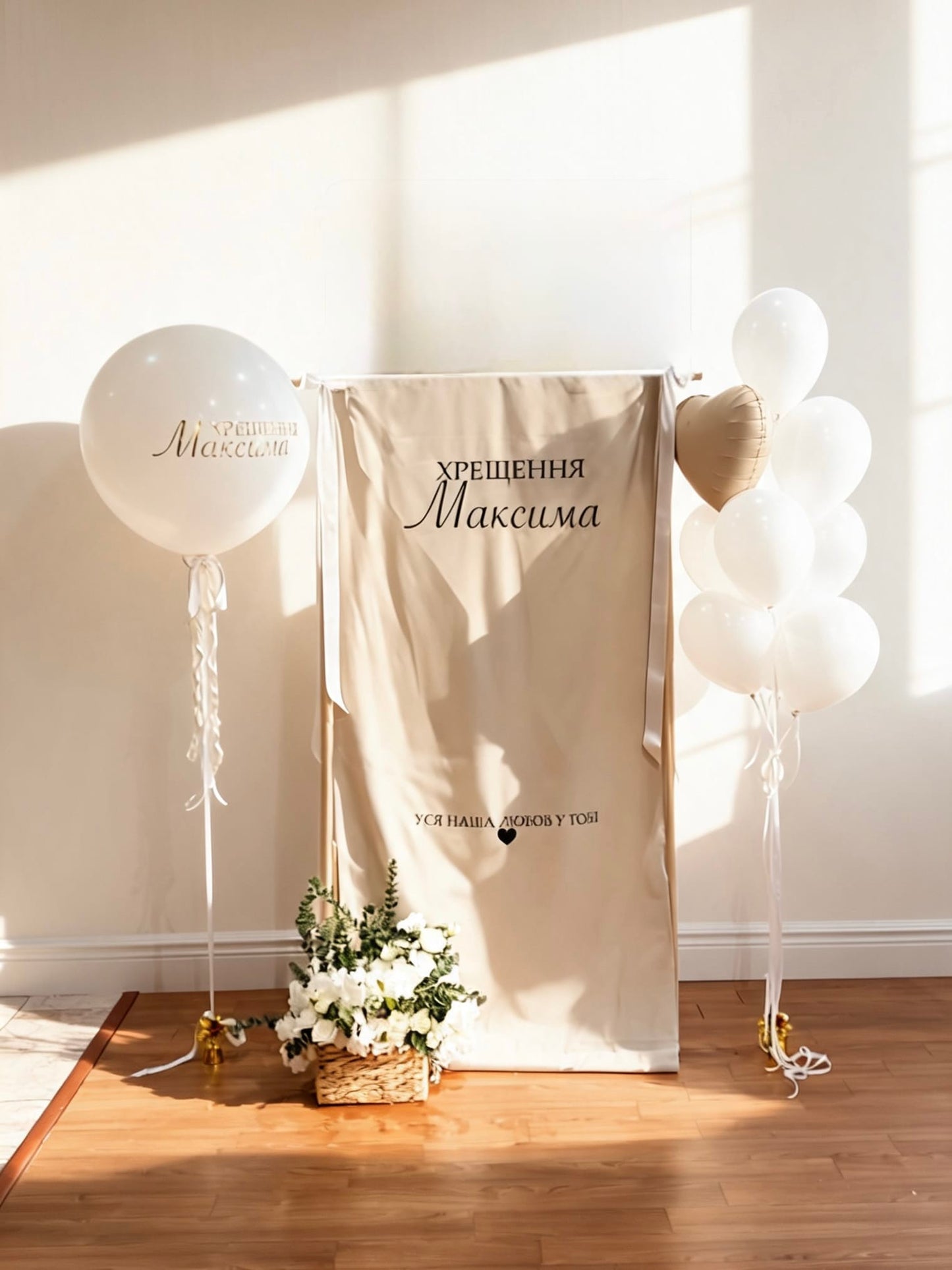 Elegant baptism fabric display with personalized banner, helium balloons and white floral arrangement.