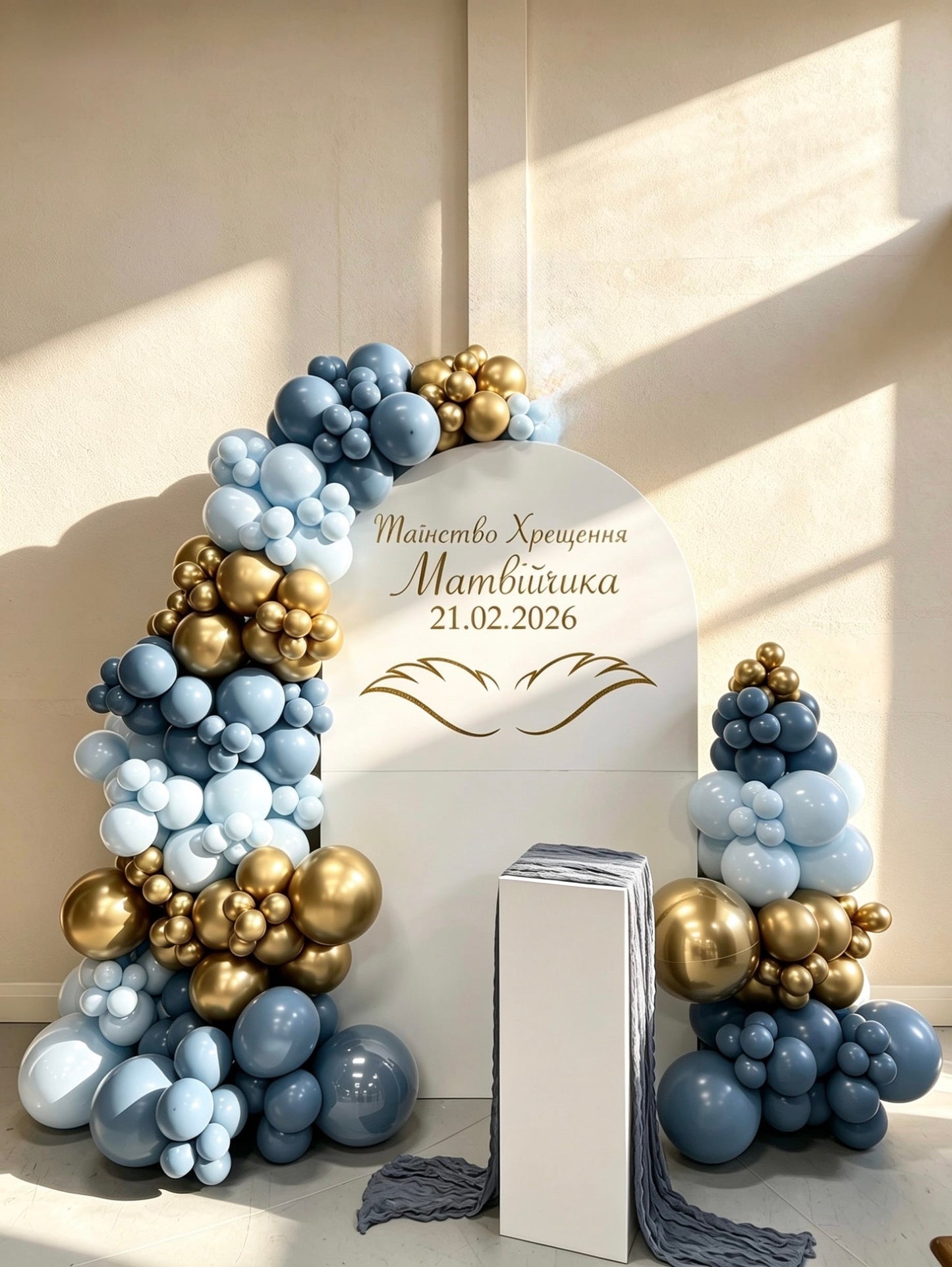 timeless blue baptism backdrop with blue and gold balloon garlands