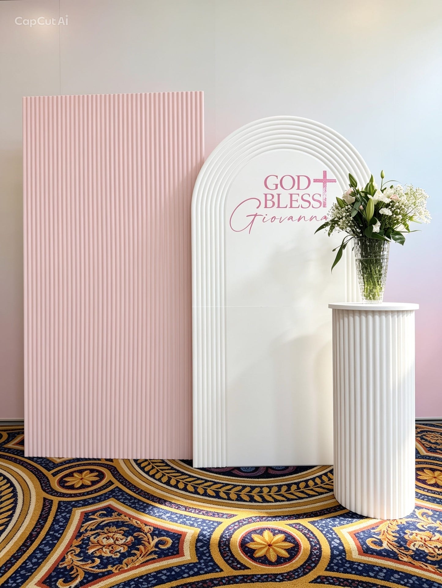 Blush ripple backdrop panel with white ripple arch, custom communion lettering and matching white ribbed plinth