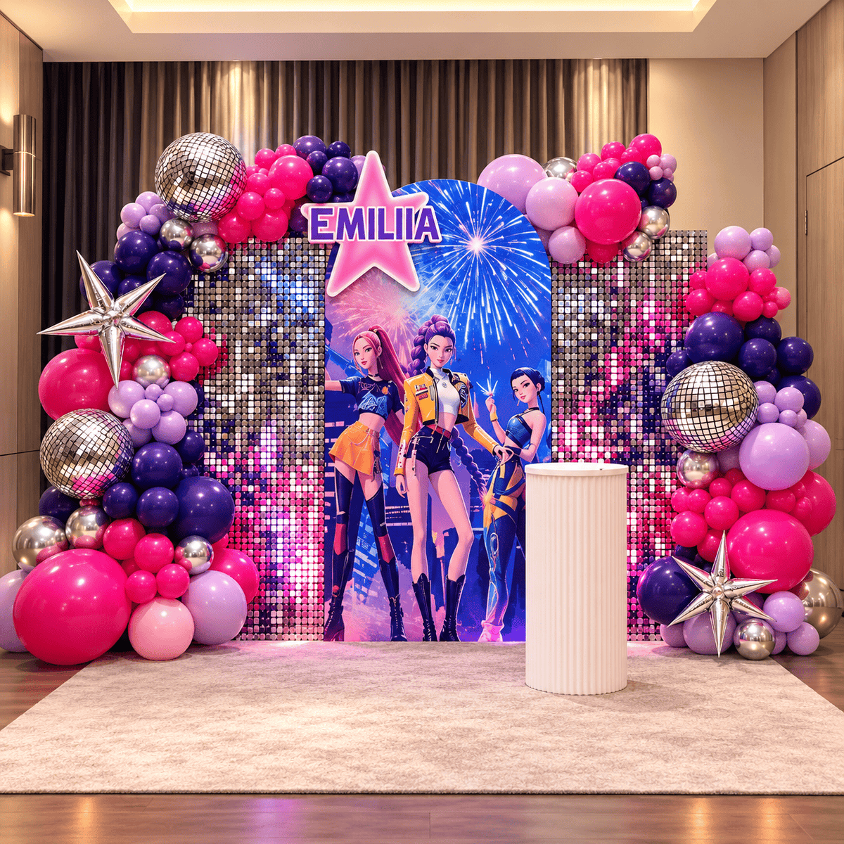 K-Pop Demon Hunters birthday backdrop with custom character panel, silver disco shimmer walls, pink and purple balloon garlands, disco balls, metallic star balloons and white cake pedestal.