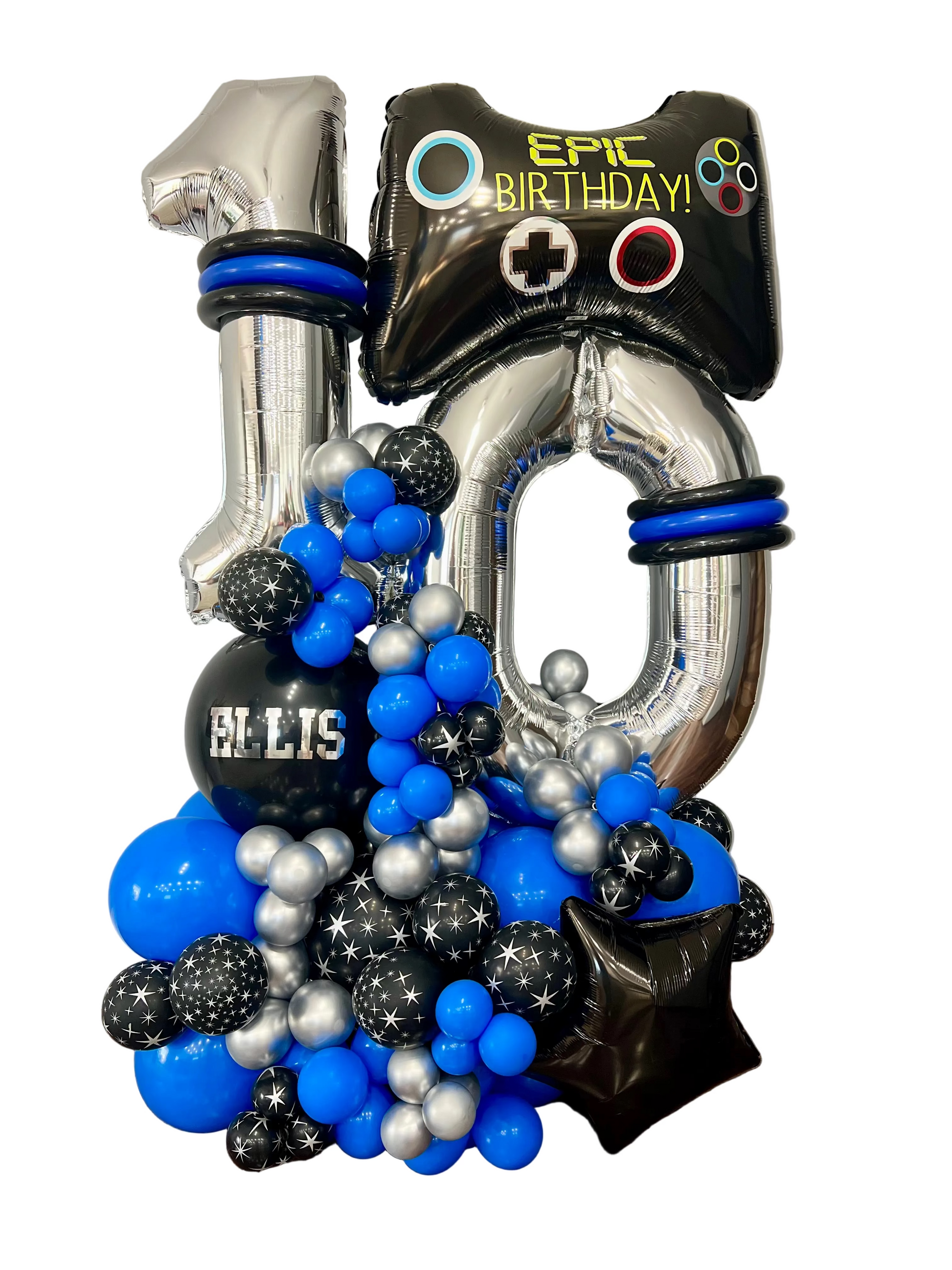 gaming birthday balloon stand with custom name number and controller theme
