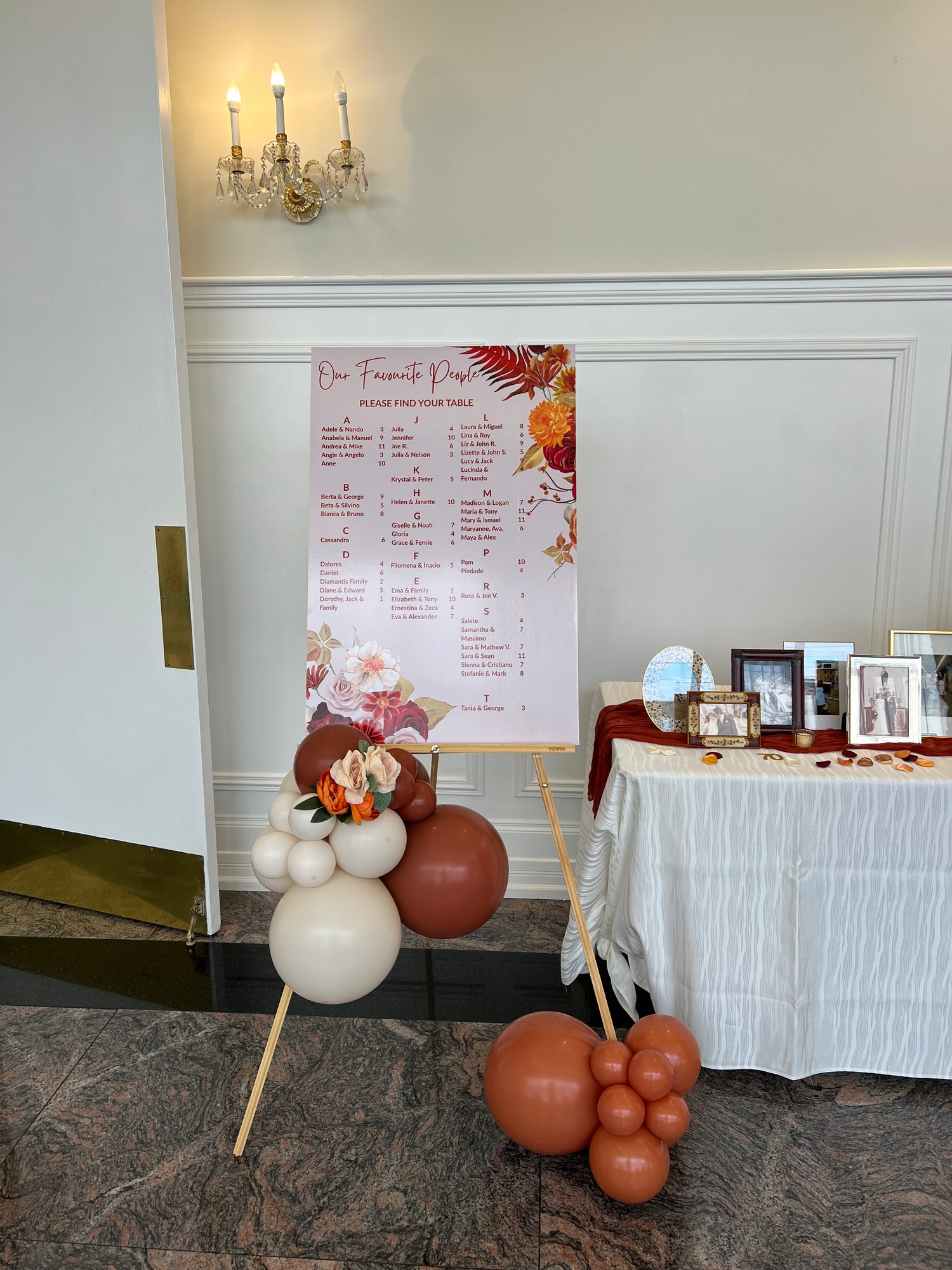 seating chart board on easel with custom design for event
