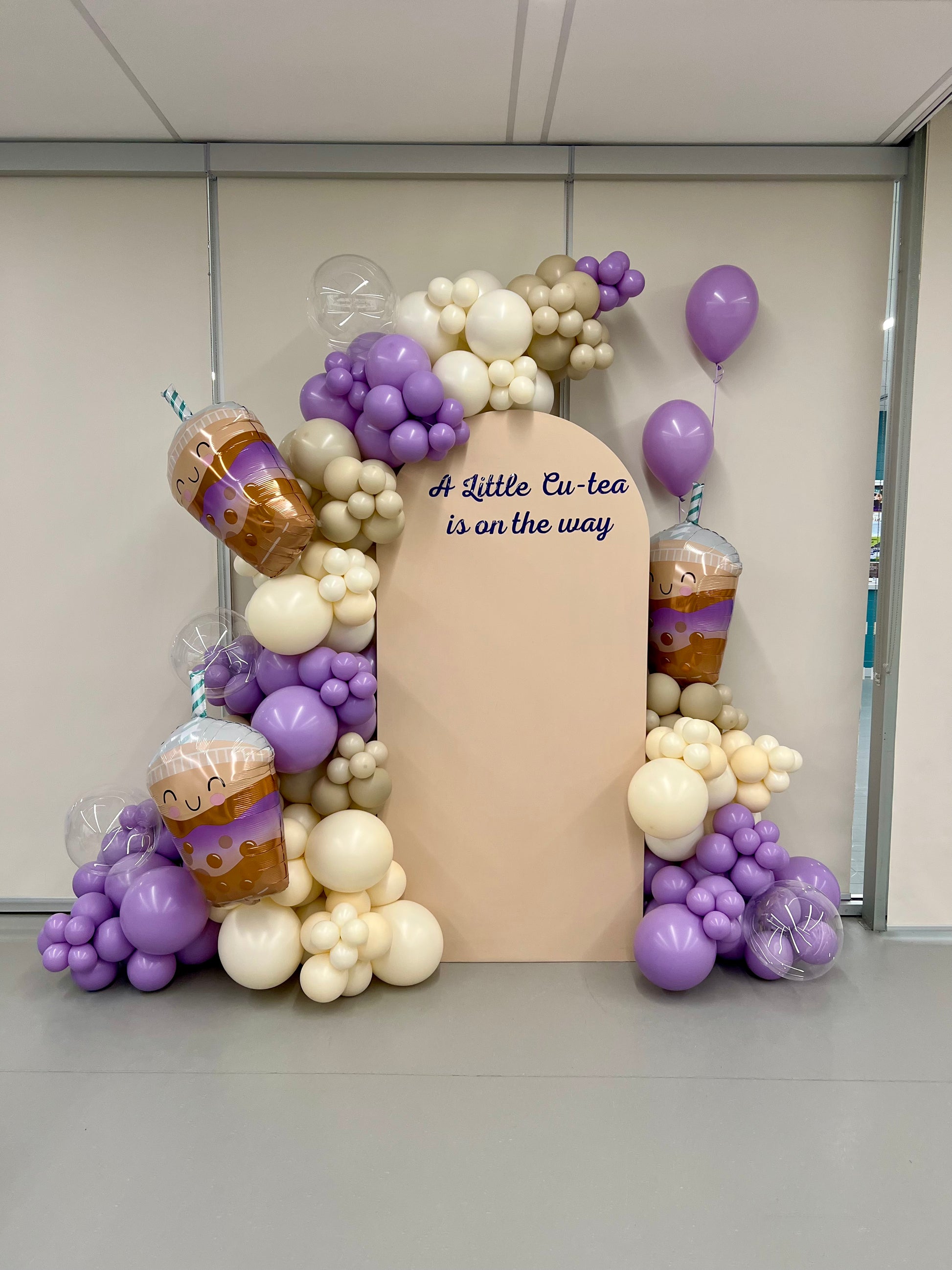 bubble tea baby shower balloon backdrop with bubble balloons and themed decor