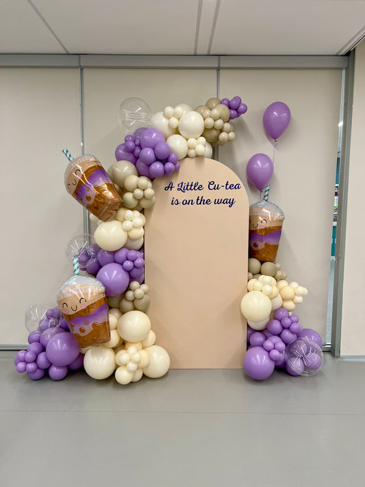 bubble tea baby shower balloon backdrop with bubble balloons and themed decor