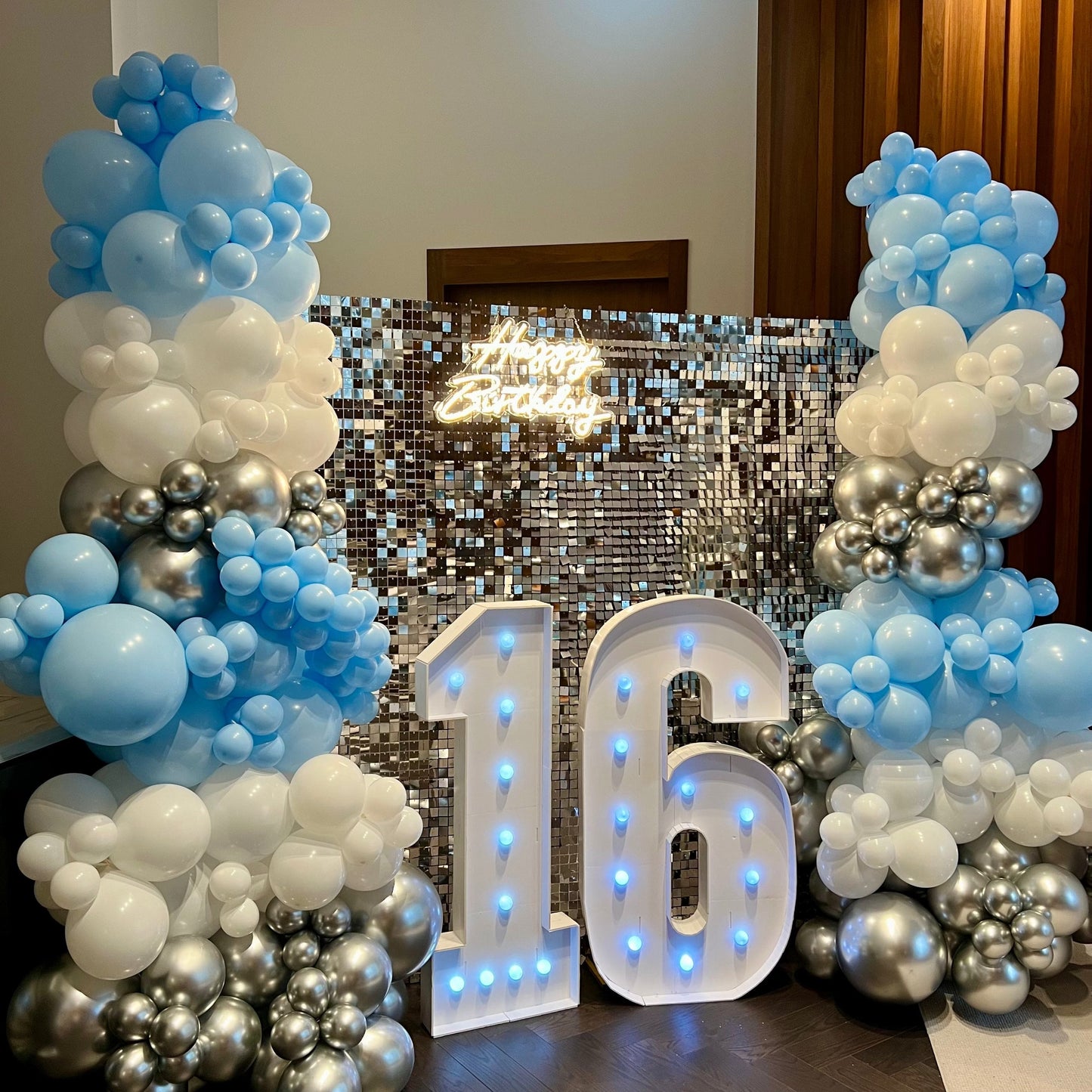 Silver Shimmer Wall Birthday Setup with Neon & Balloon Garlands