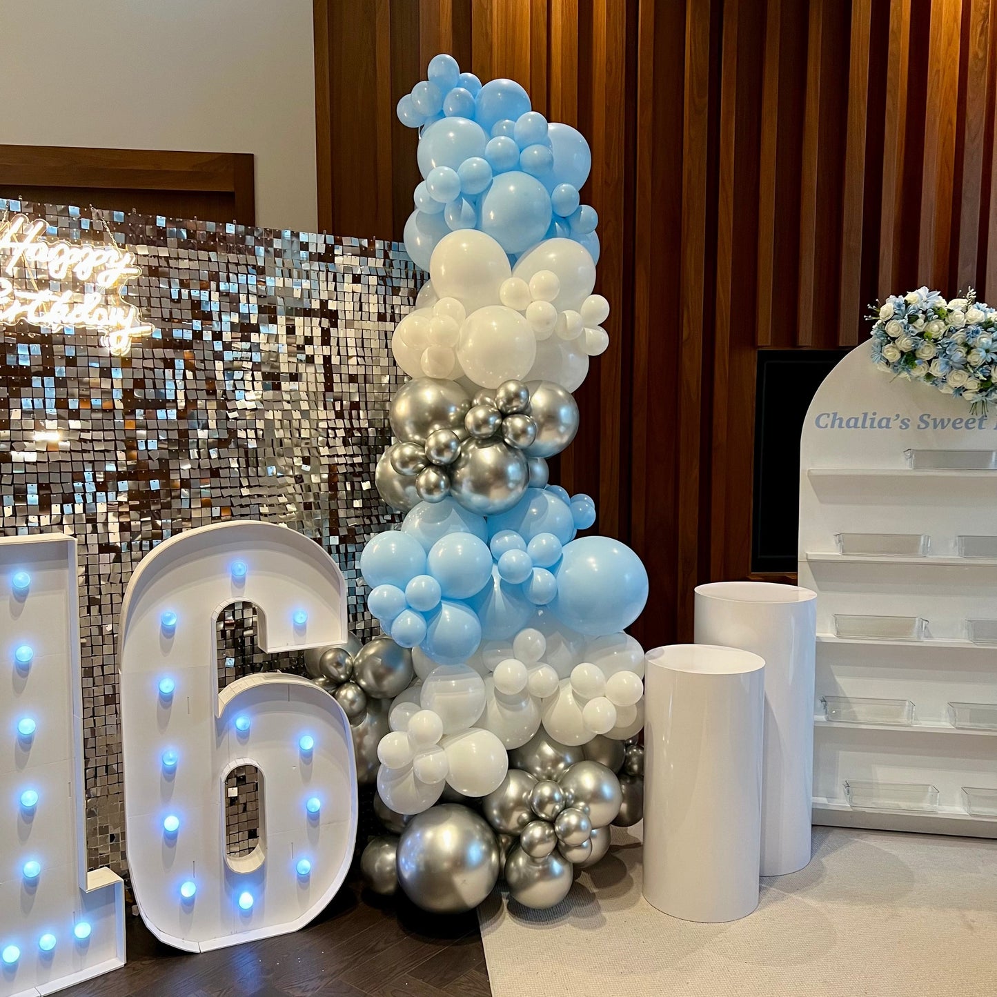 Silver Shimmer Wall Birthday Setup with Neon & Balloon Garlands