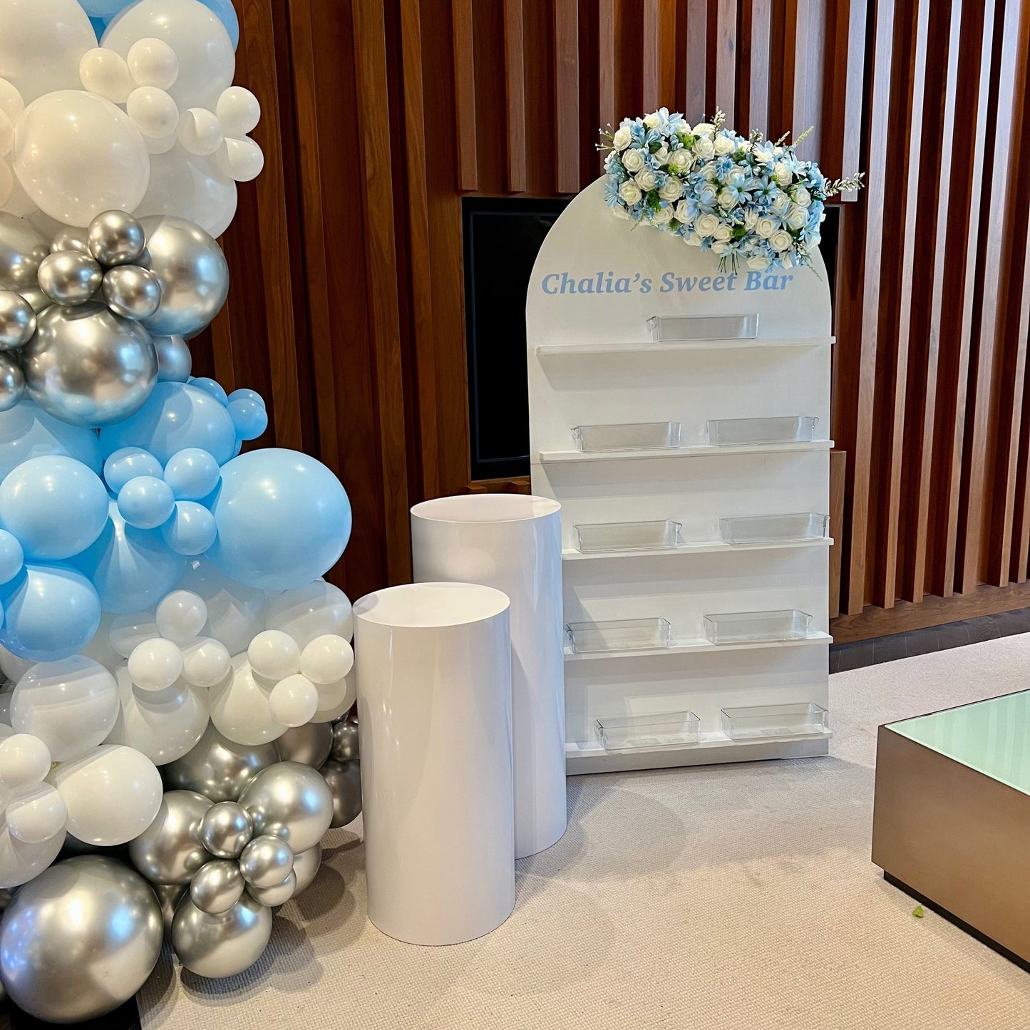Silver Shimmer Wall Birthday Setup with Neon & Balloon Garlands