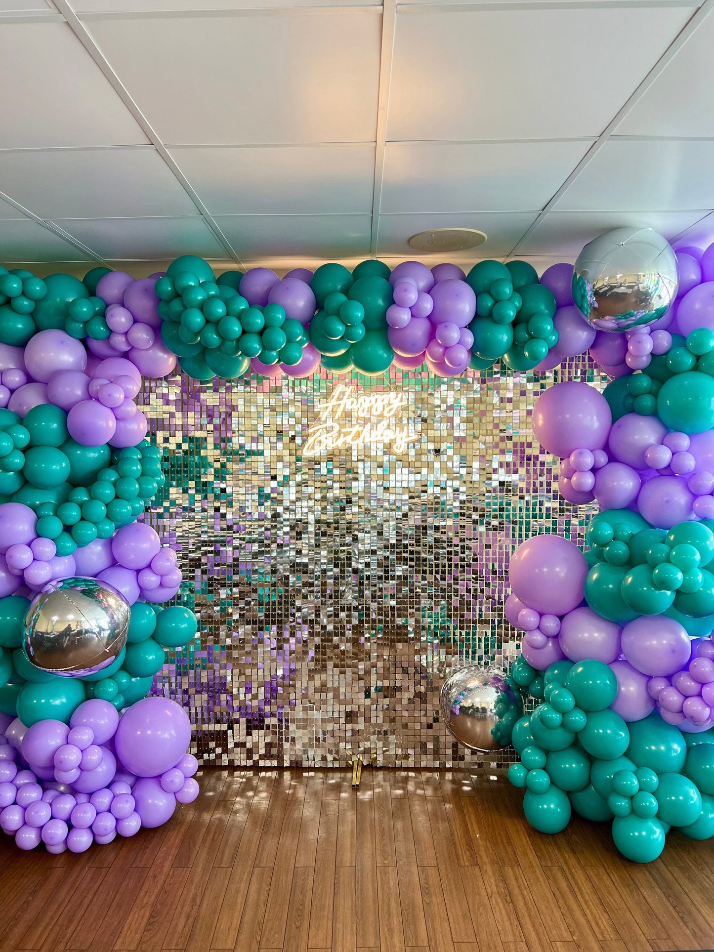 Silver Shimmer Wall with Neon Sign & Full Garland