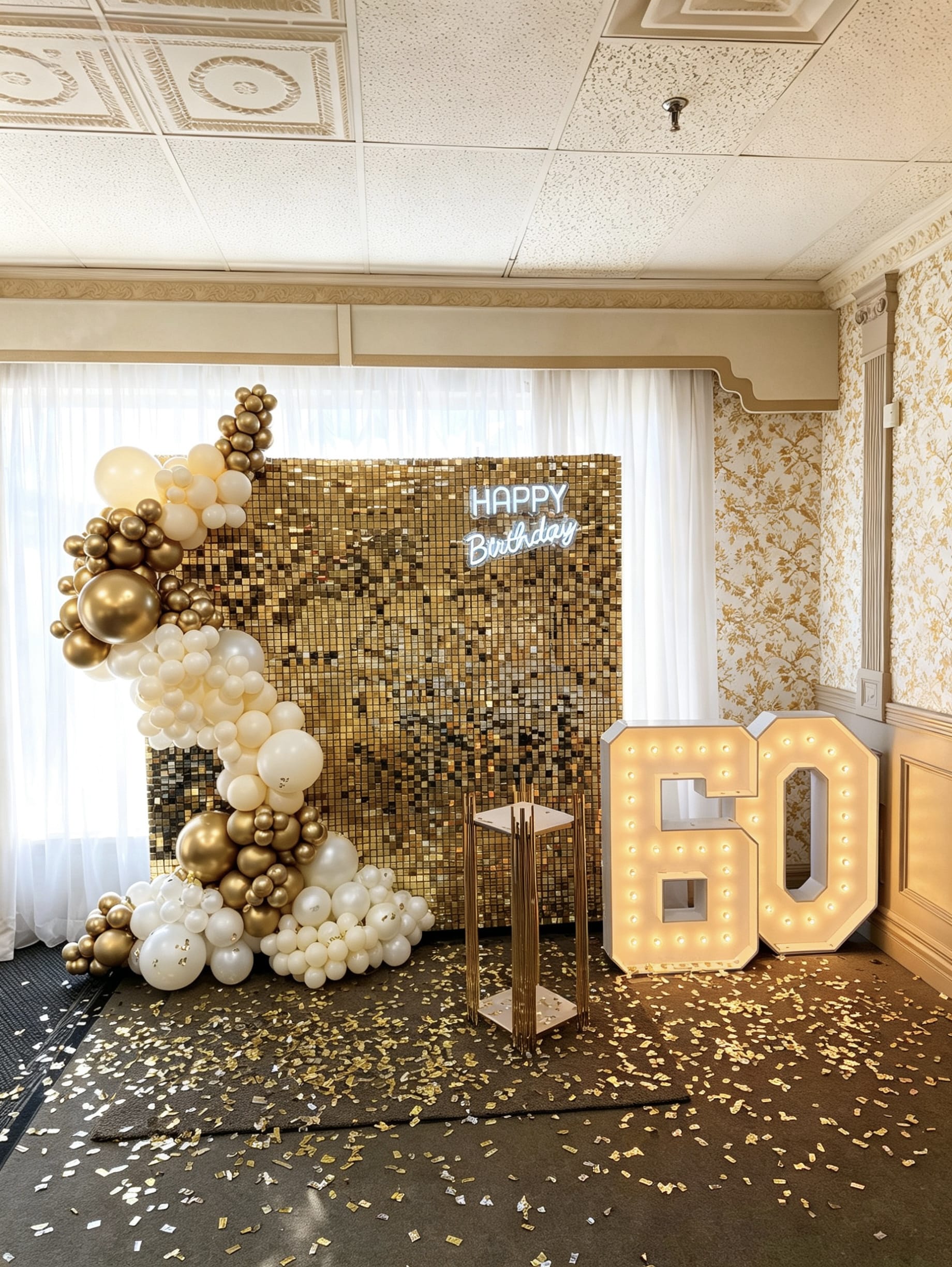 Gold shimmer wall backdrop with gold and white balloon garland, neon Happy Birthday sign and illuminated 60 marquee numbers
