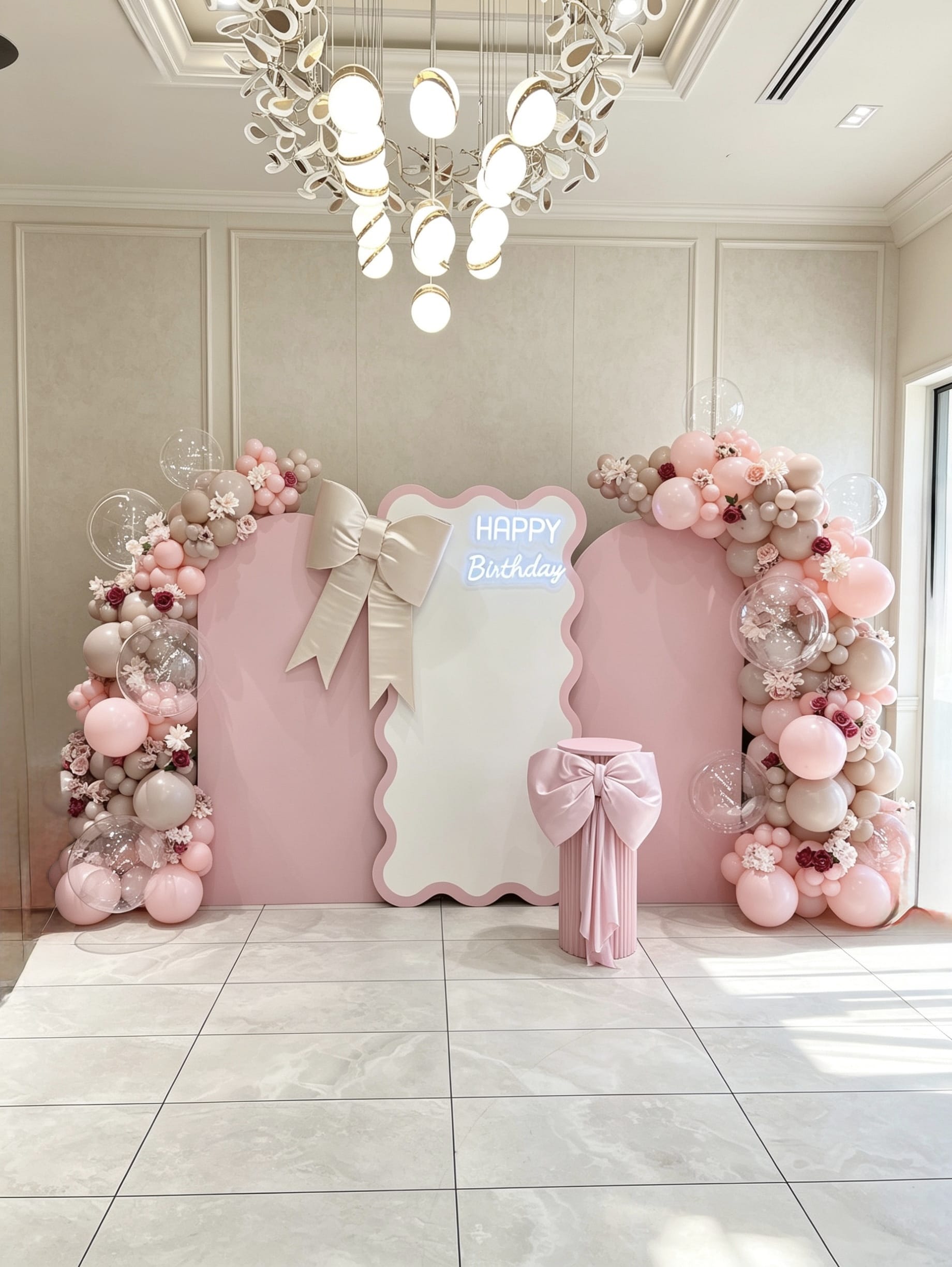 pink birthday backdrop with bow details and luxury balloon garlands