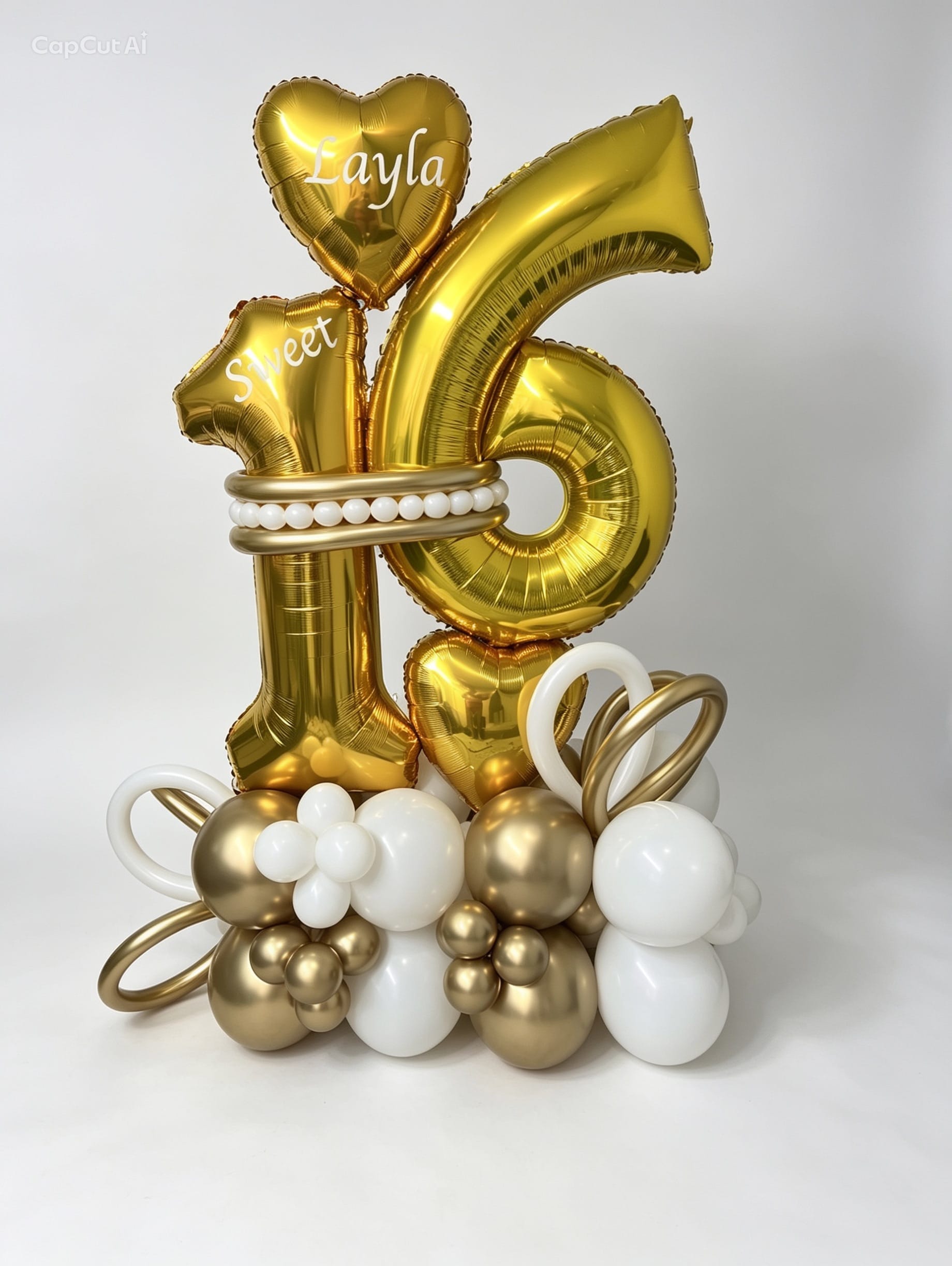 sweet 16 balloon stand with gold and white number balloons