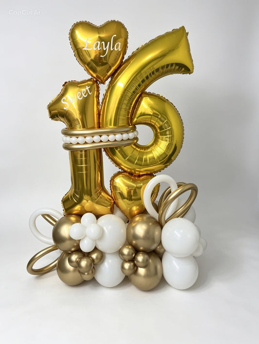 sweet 16 balloon stand with gold and white number balloons