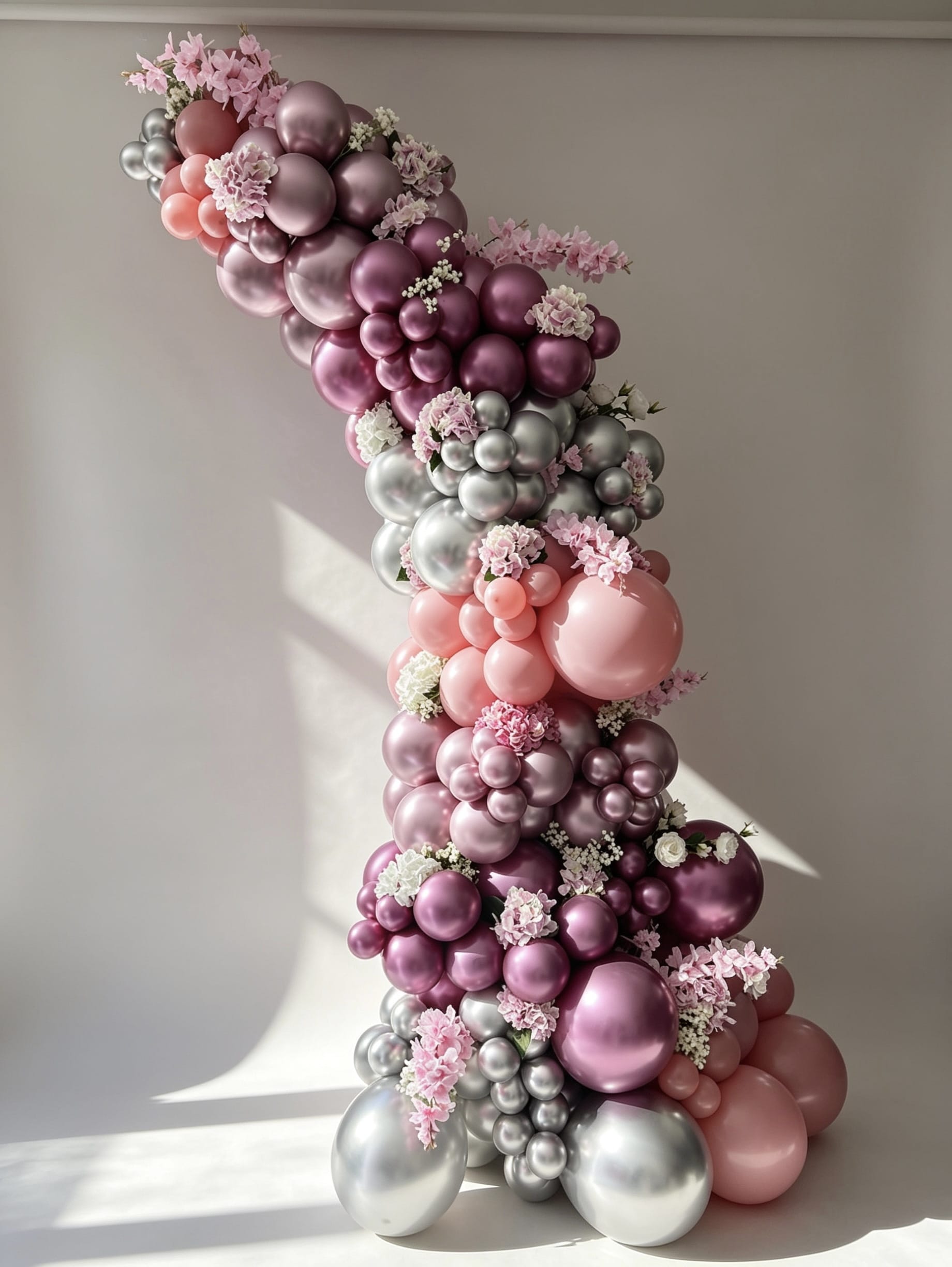 luxury blush and chrome balloon garland with floral accents