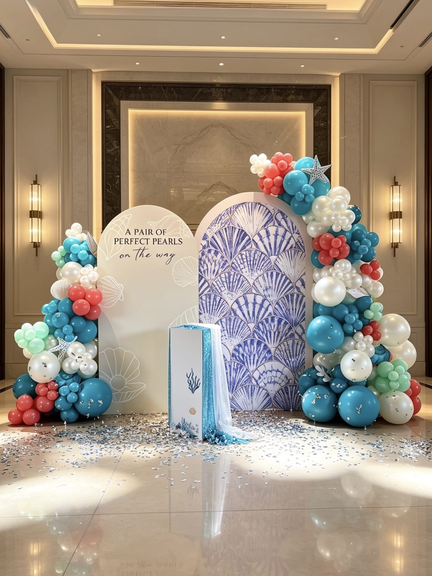 coastal pearl baby shower backdrop with turquoise balloon garlands and shell decor