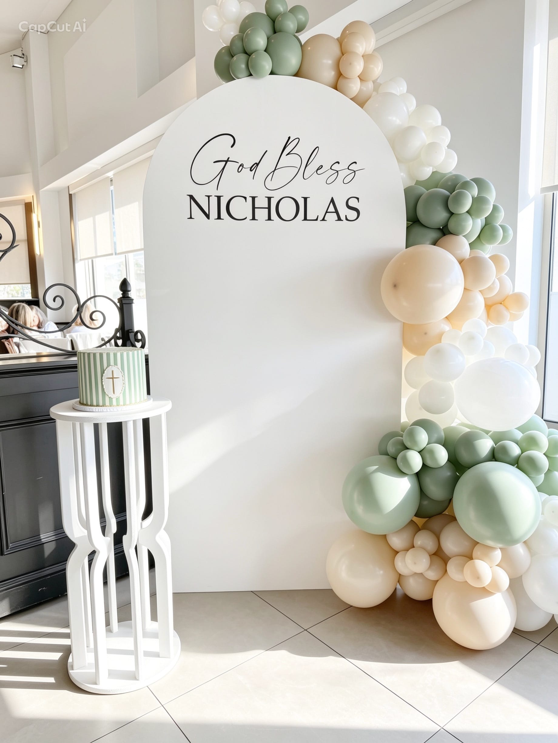White communion backdrop with sage green, ivory and white balloon garland, custom lettering and white pedestal stand