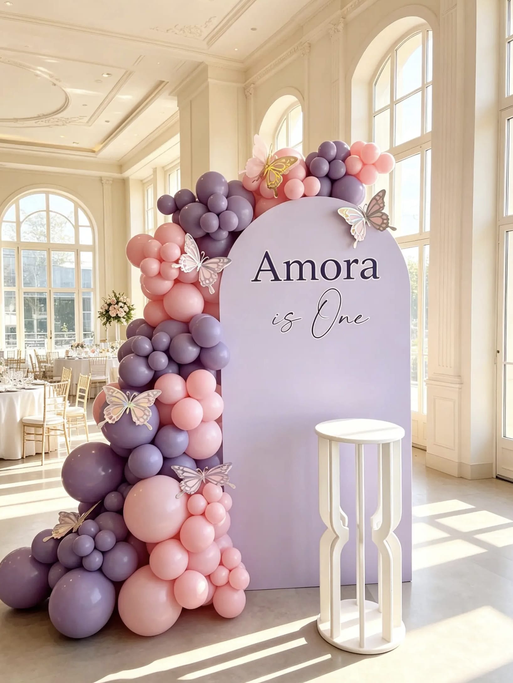 Lavender first birthday backdrop with pink and purple balloon garland, decorative butterflies, custom name lettering and white display stand.