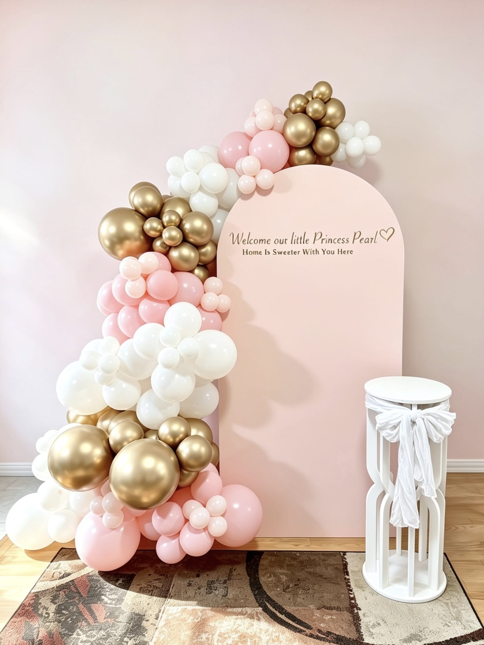 Blush pink welcome baby girl backdrop with white and gold balloon garland, custom arch backdrop and white pedestal stand with fabric bow.