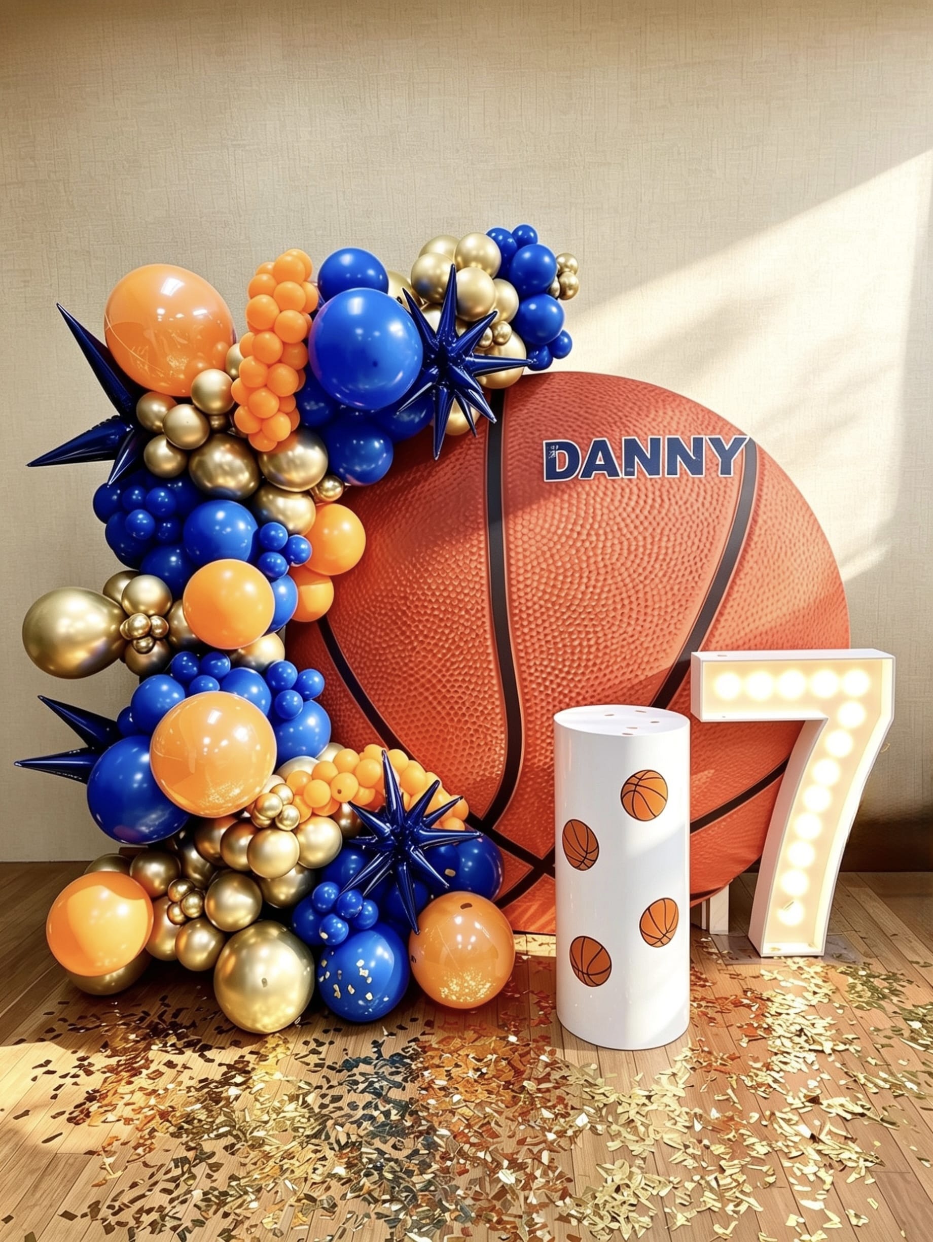 basketball birthday backdrop with blue and orange balloon garland and marquee number
