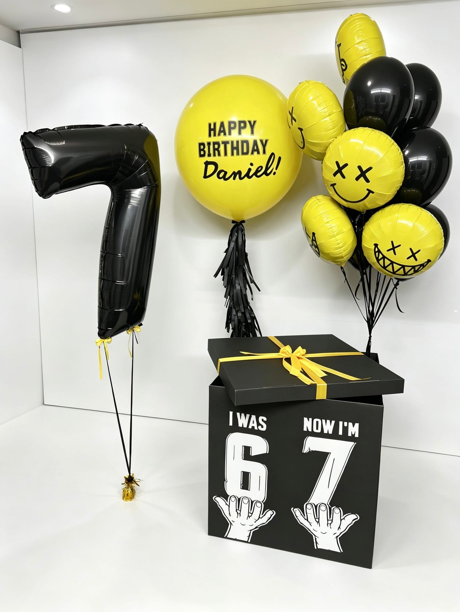 six seven surprise balloon box with giant personalised balloon and number balloon
