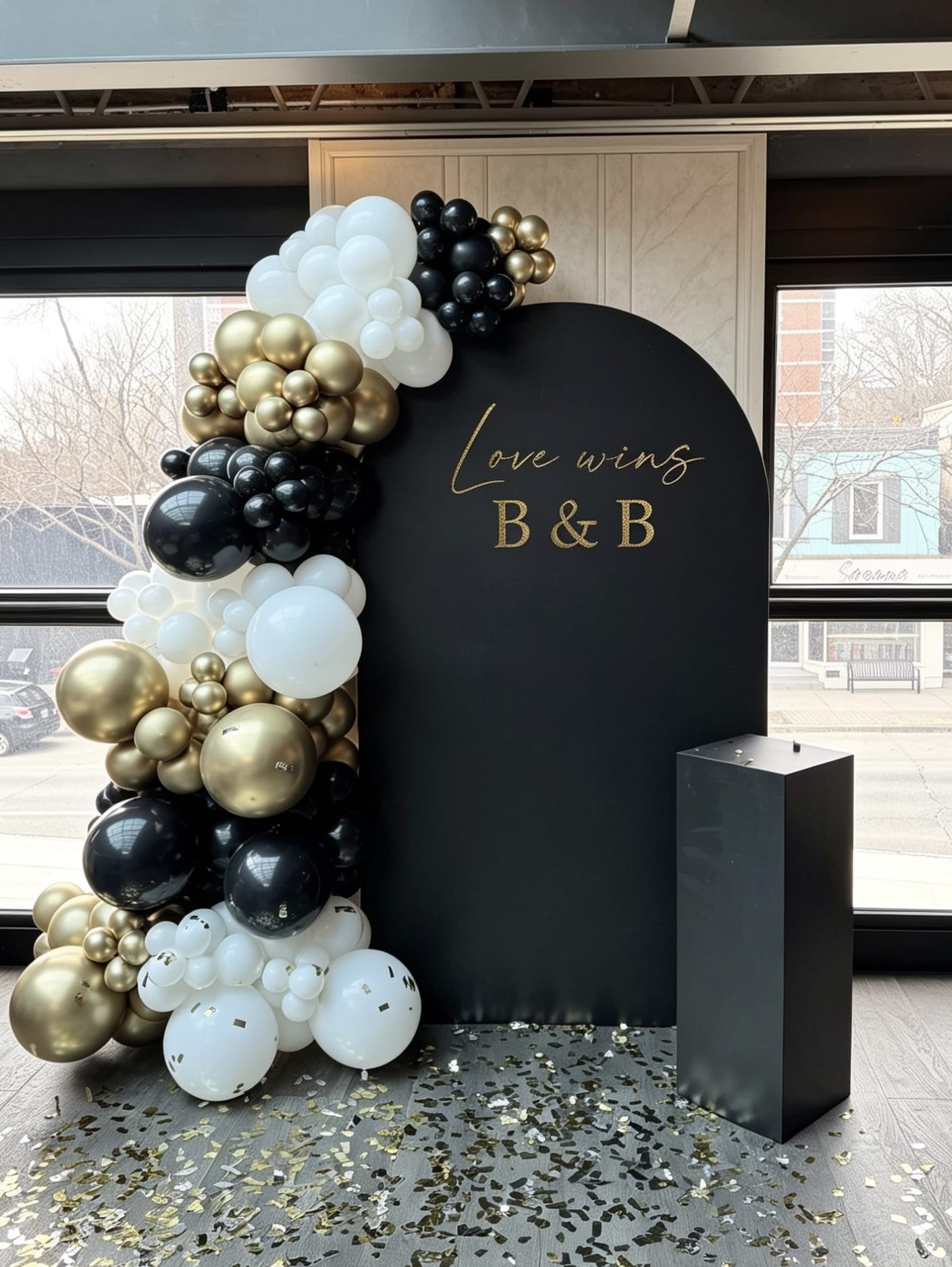 Black bridal shower backdrop with black, white and champagne gold balloon garland