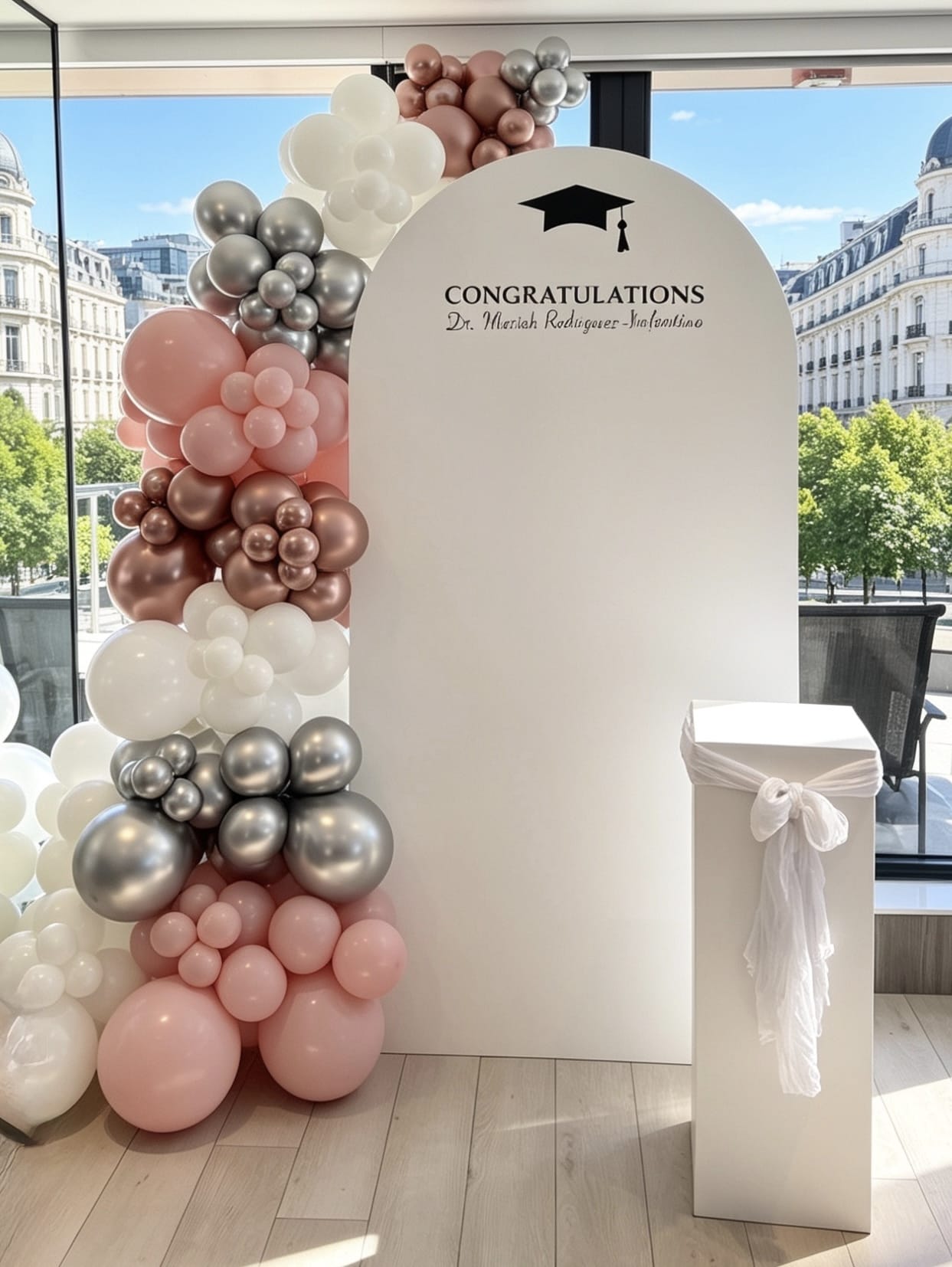 Graduation Backdrop with Rose Gold & Silver Balloons