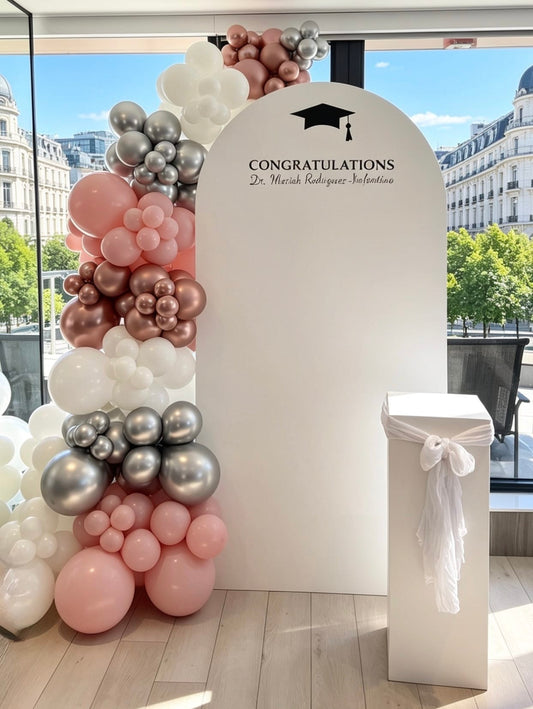 Graduation Backdrop with Rose Gold & Silver Balloons