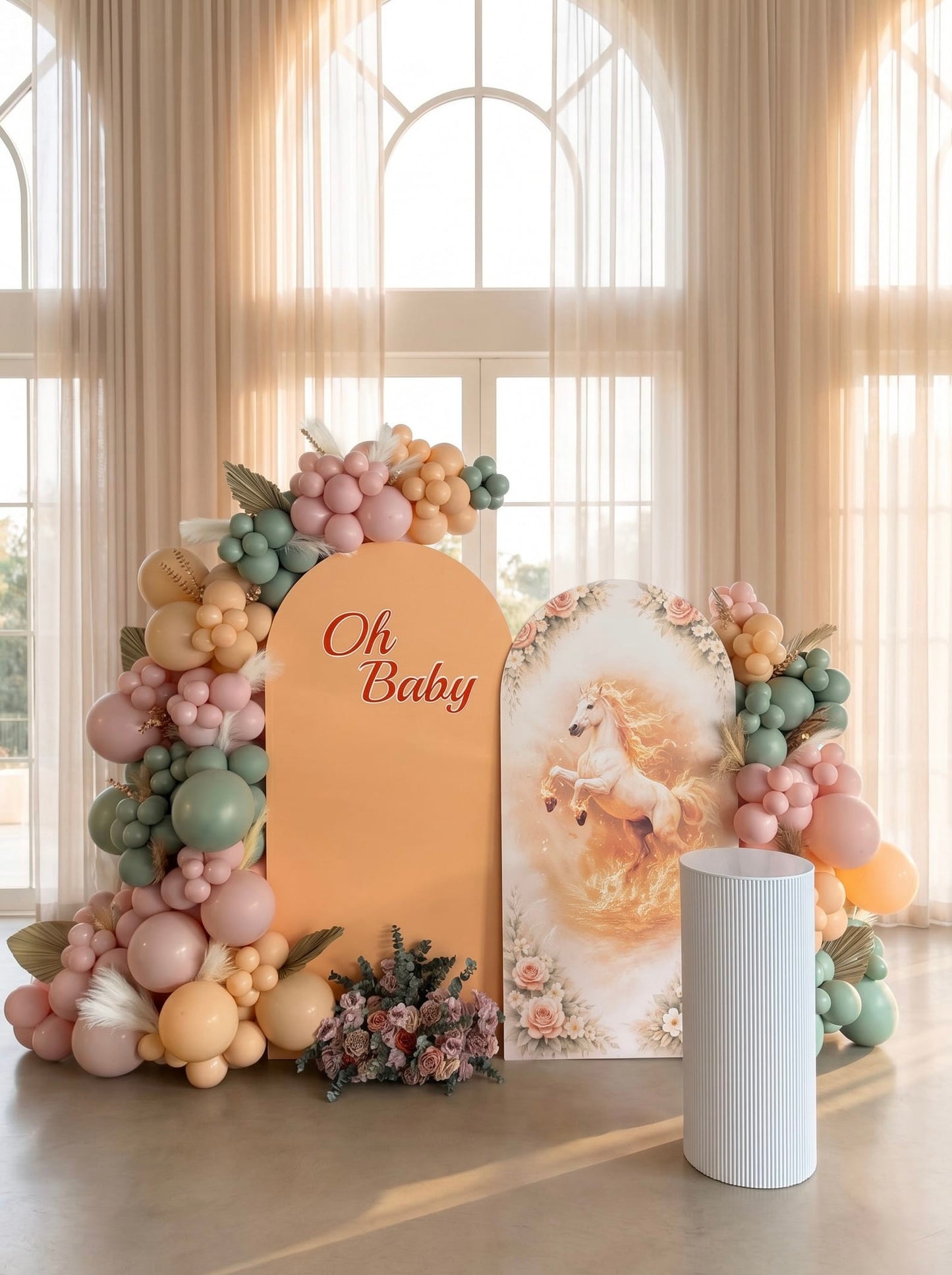 Fire Horse baby shower backdrop featuring peach and blush arch panels, horse artwork panel, pastel balloon garlands, boho accents, custom Oh Baby sign and a white ribbed pedestal stand.