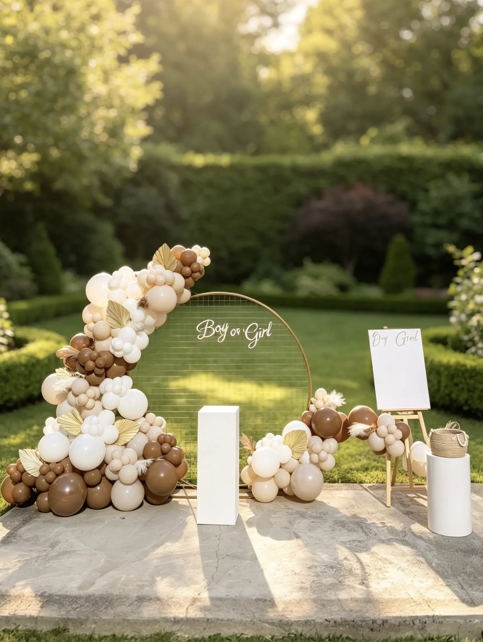 Neutral gender reveal setup with gold mesh backdrop, beige, brown and white balloon garland, Boy or Girl sign and voting station.