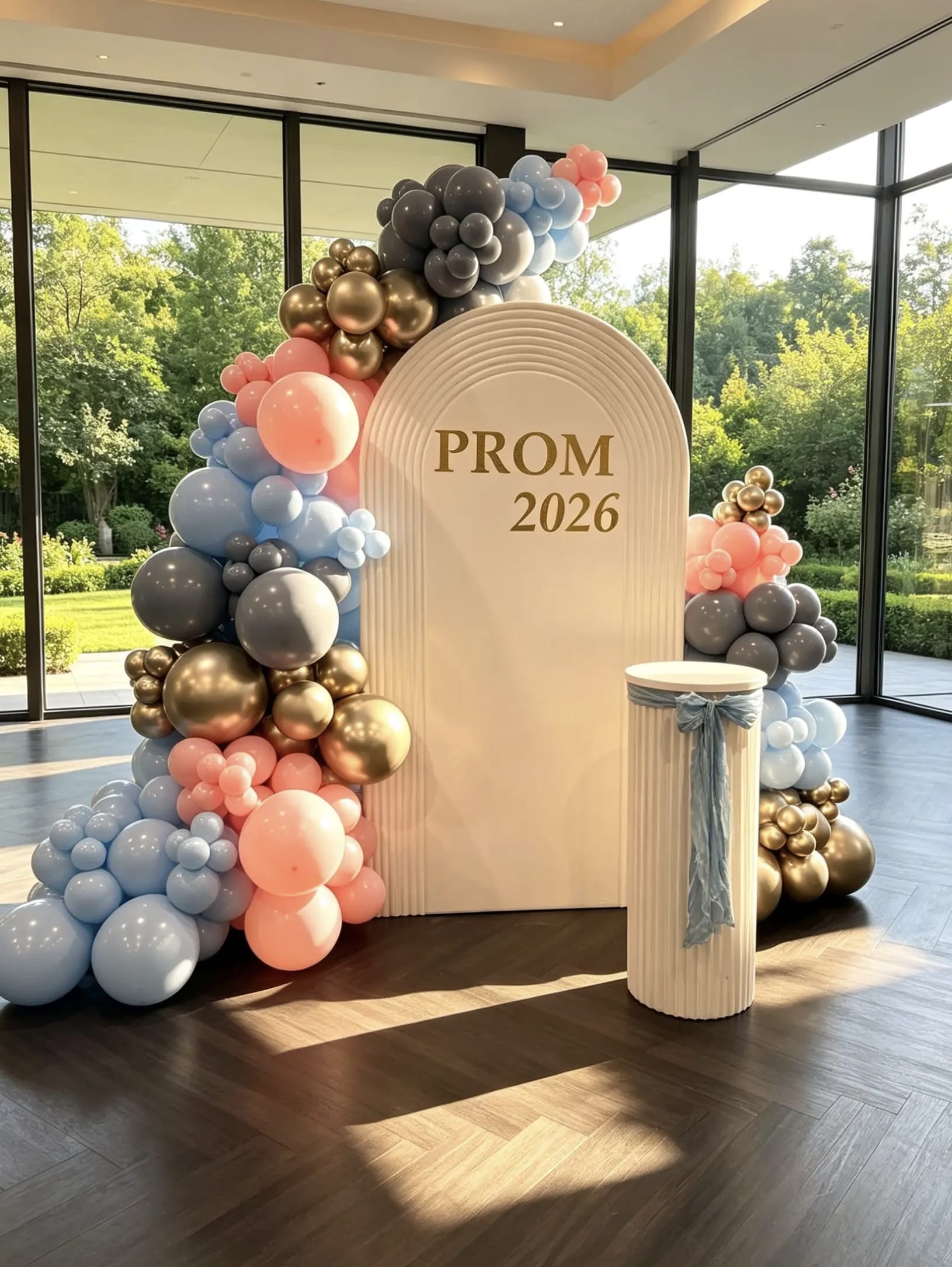 White ribbed prom backdrop with pastel blue, blush pink, dusk blue and gold balloon garland, custom prom lettering and matching white ribbed pedestal.