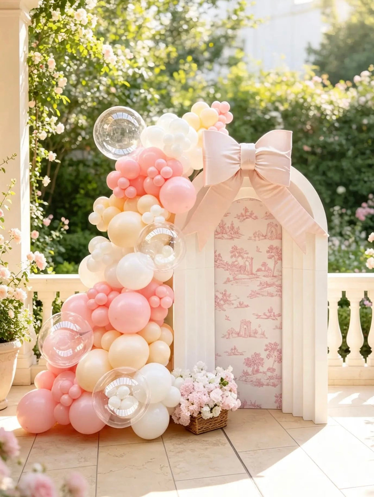 White arch with a pink toile panel, oversized blush bow, pink and cream balloon garland, clear bubble balloons, and a floral basket.