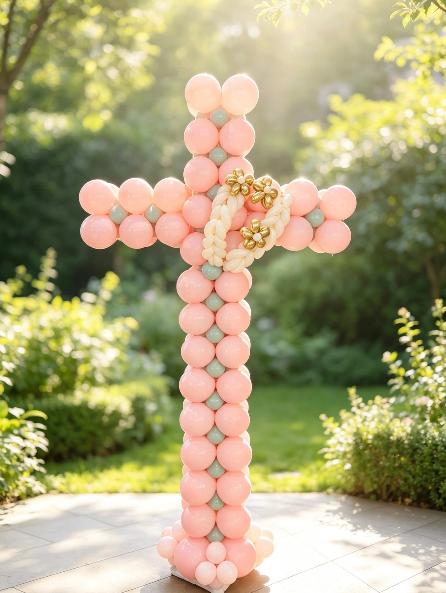 Freestanding balloon cross in blush pink and soft sage with ivory and gold balloon floral accents for a baptism or First Holy Communion.