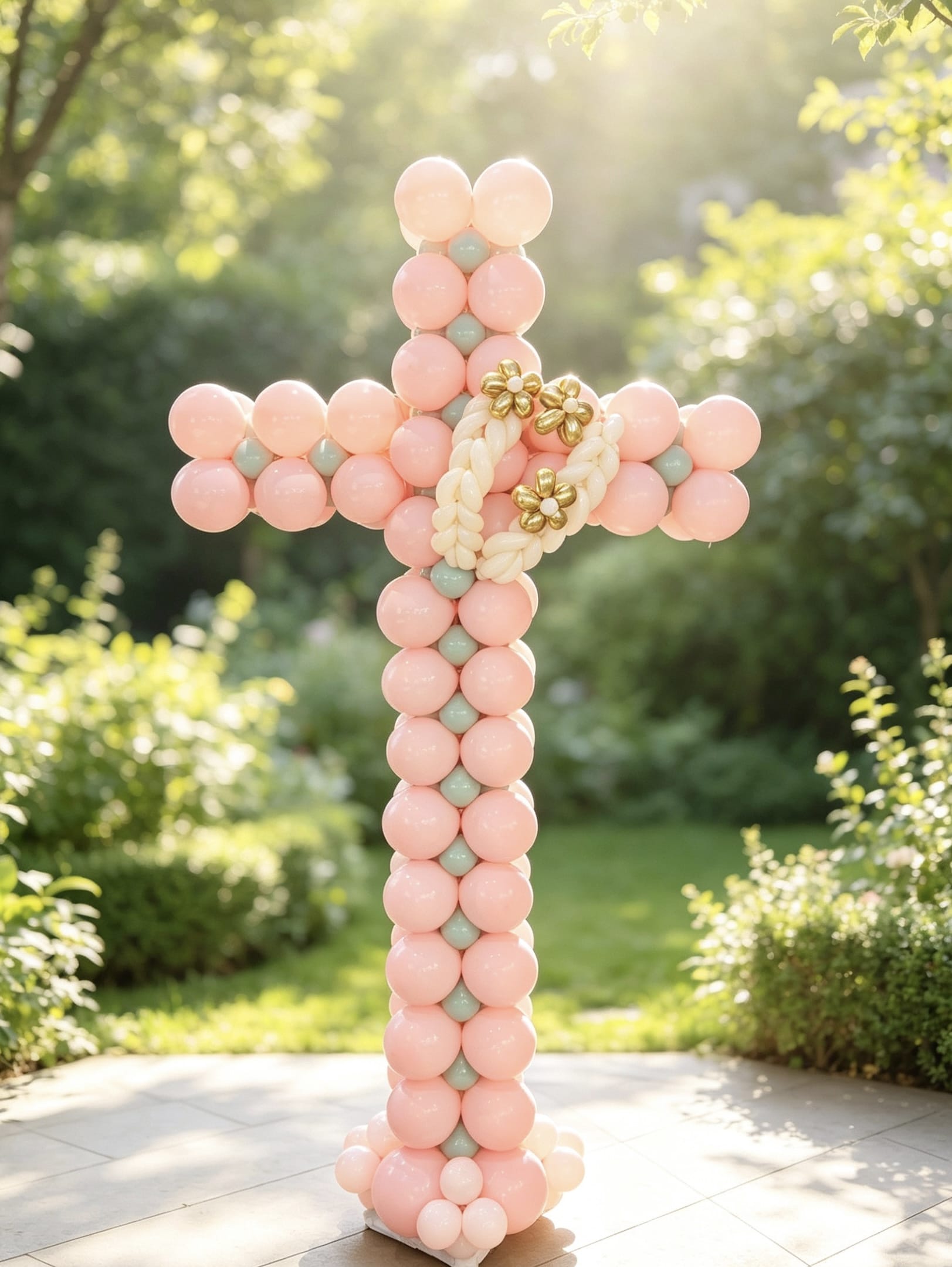 Freestanding balloon cross in blush pink and soft sage with ivory and gold balloon floral accents for a baptism or First Holy Communion.