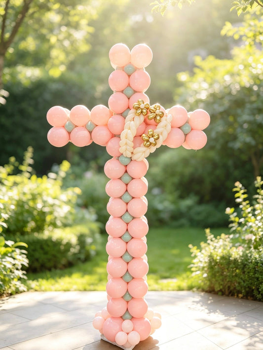 Freestanding balloon cross in blush pink and soft sage with ivory and gold balloon floral accents for a baptism or First Holy Communion.