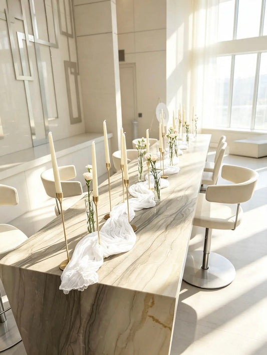 Elegant table decor with ivory taper candles in gold holders, white flowers in clear bud vases, and a draped white runner.