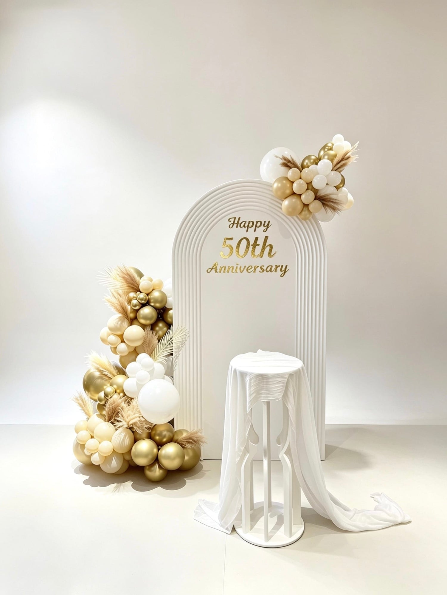 forever golden anniversary balloon backdrop with pampas garland and white arch