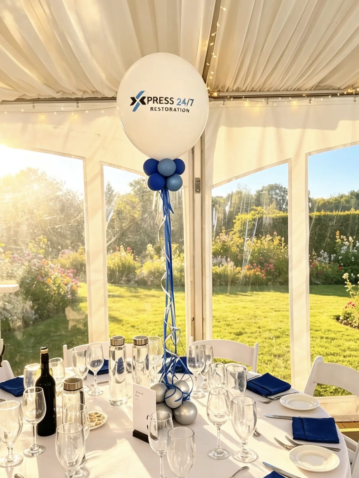 17-inch custom logo balloon centerpiece with blue and silver balloons and ribbons for a corporate event