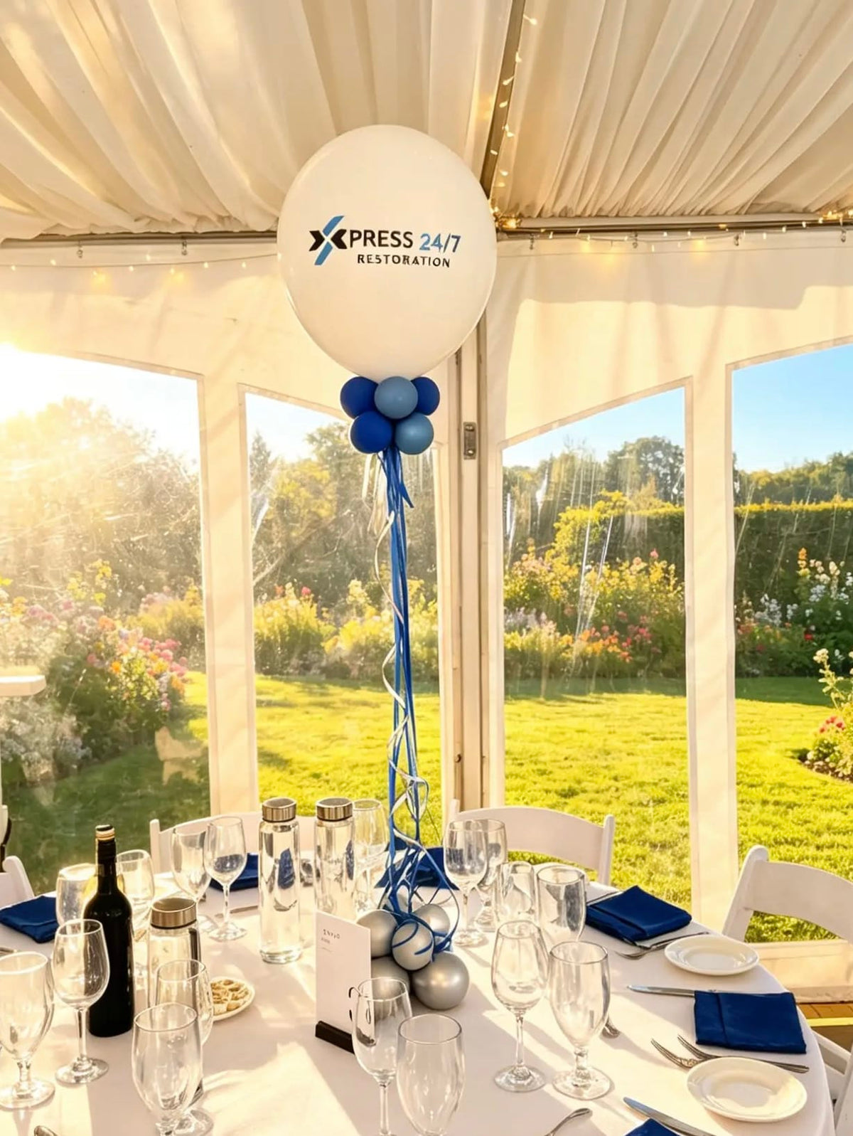 17-inch custom logo balloon centerpiece with blue and silver balloons and ribbons for a corporate event